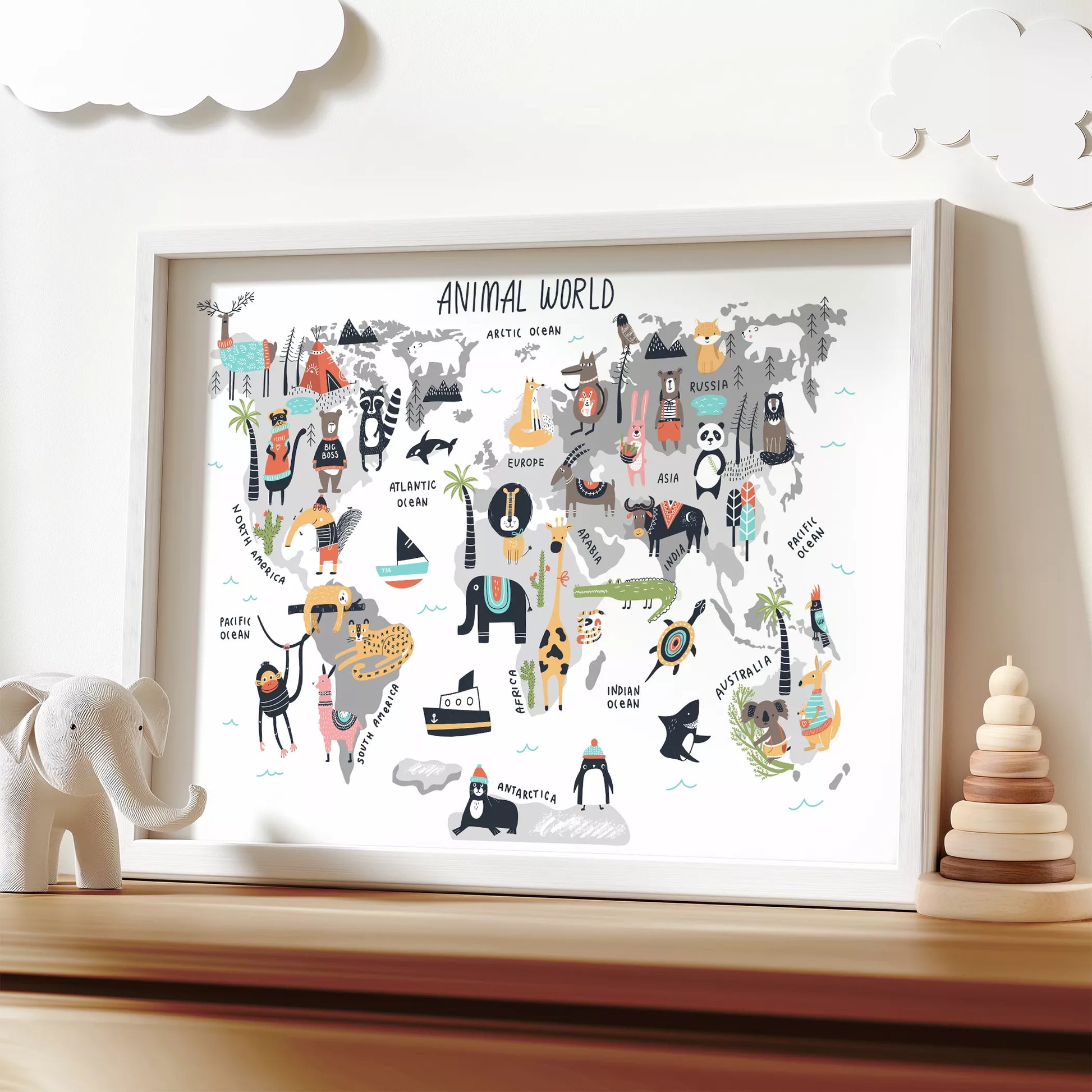 北欧テイストの動物世界地図アートポスター、子供部屋インテリアに最適な教育的な壁掛け装飾