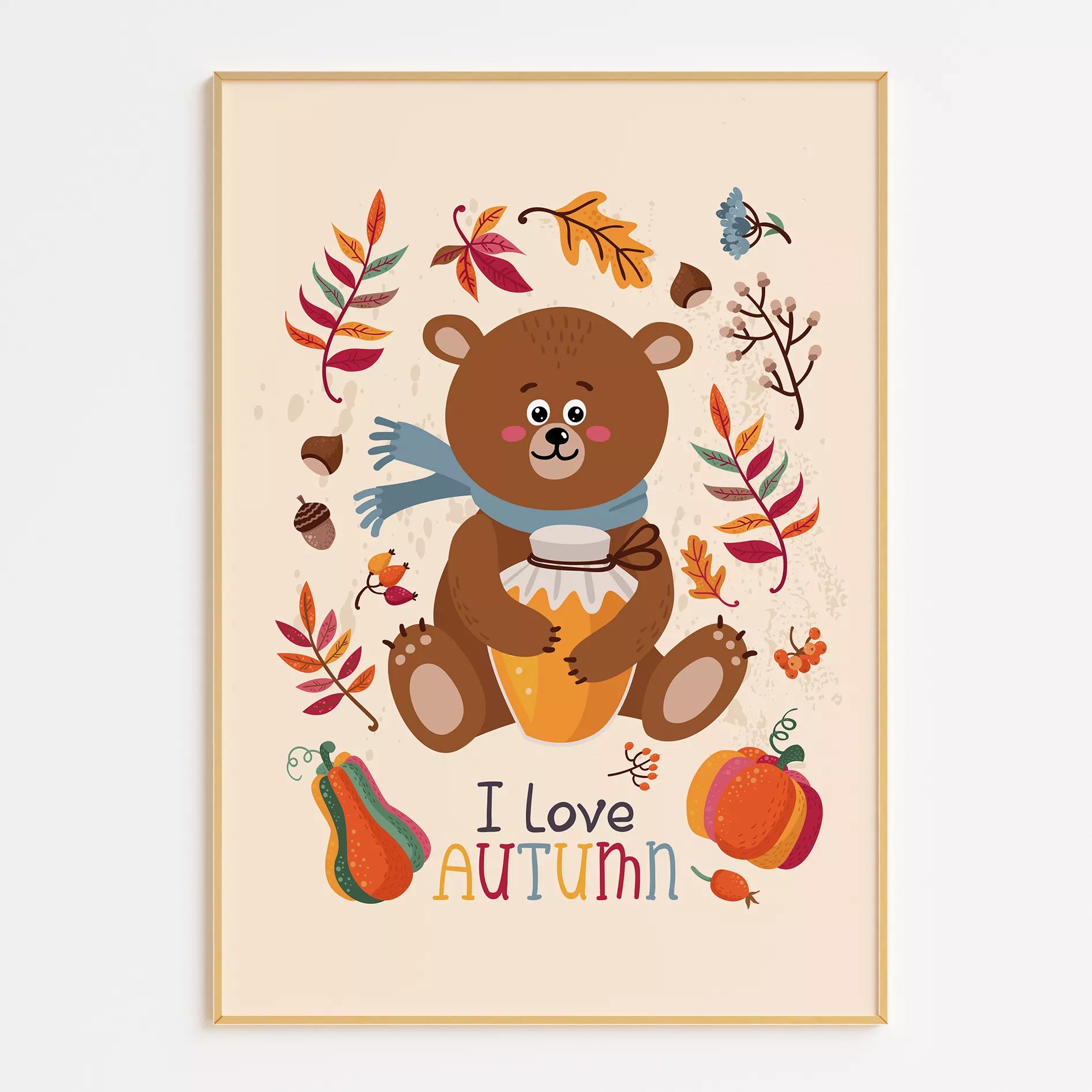 秋のクマとはちみつのかわいいイラスト子供部屋用アートポスター北欧テイスト