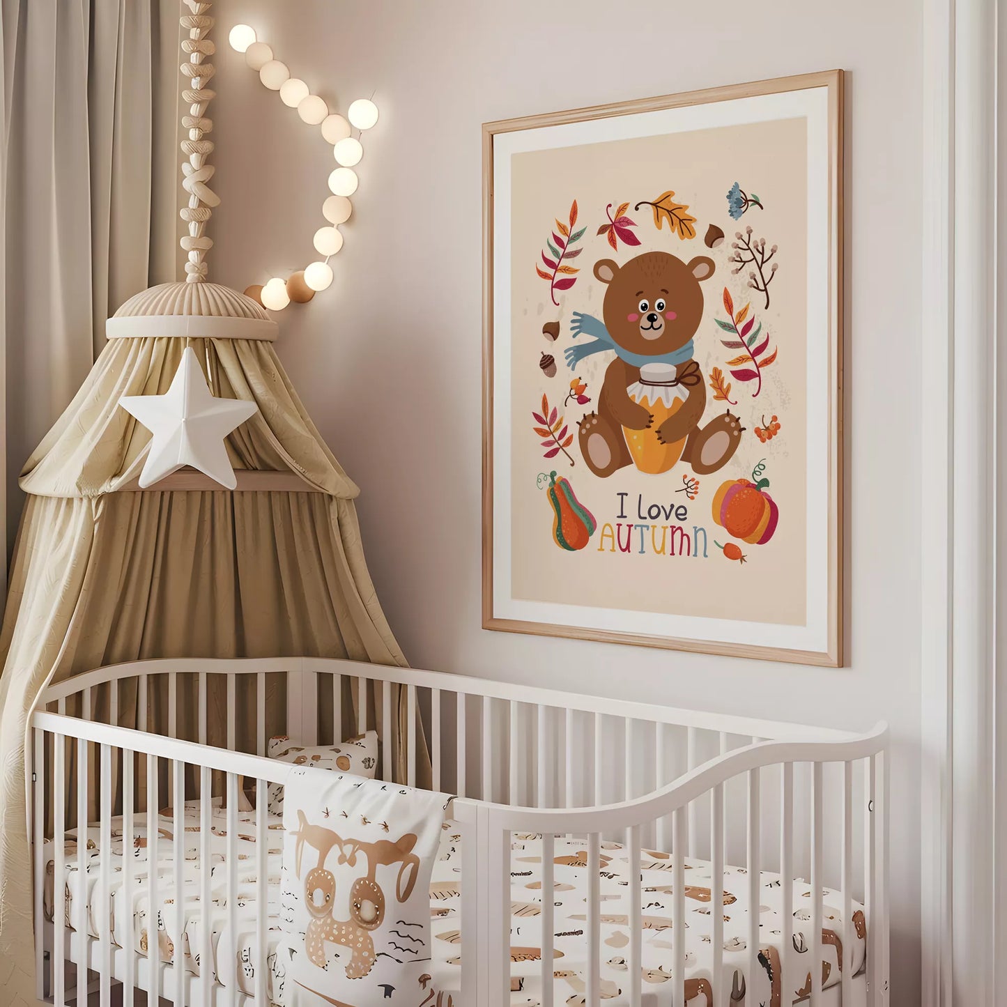 秋のクマとはちみつのかわいいイラスト子供部屋用アートポスター北欧テイスト