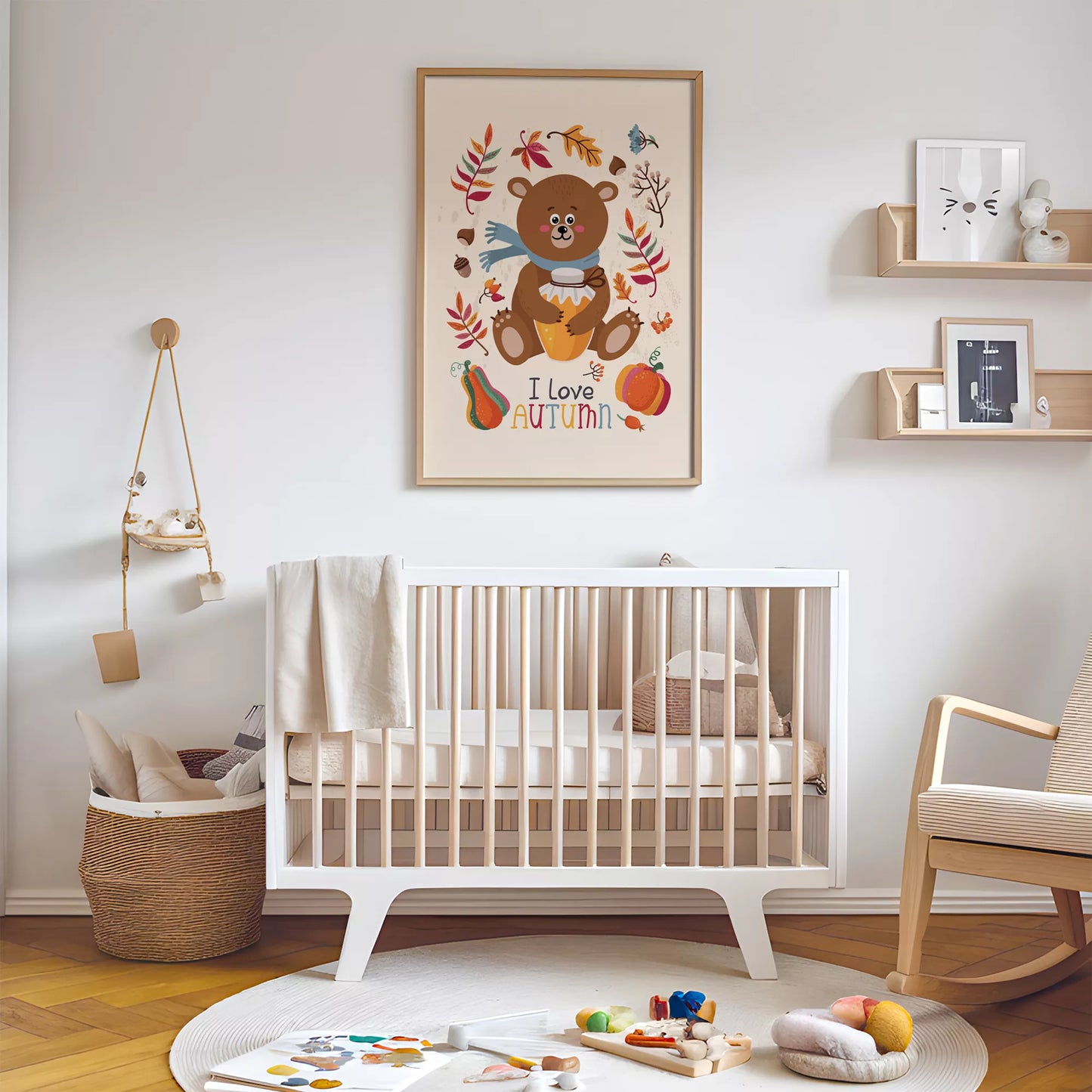秋のクマとはちみつのかわいいイラスト子供部屋用アートポスター北欧テイスト
