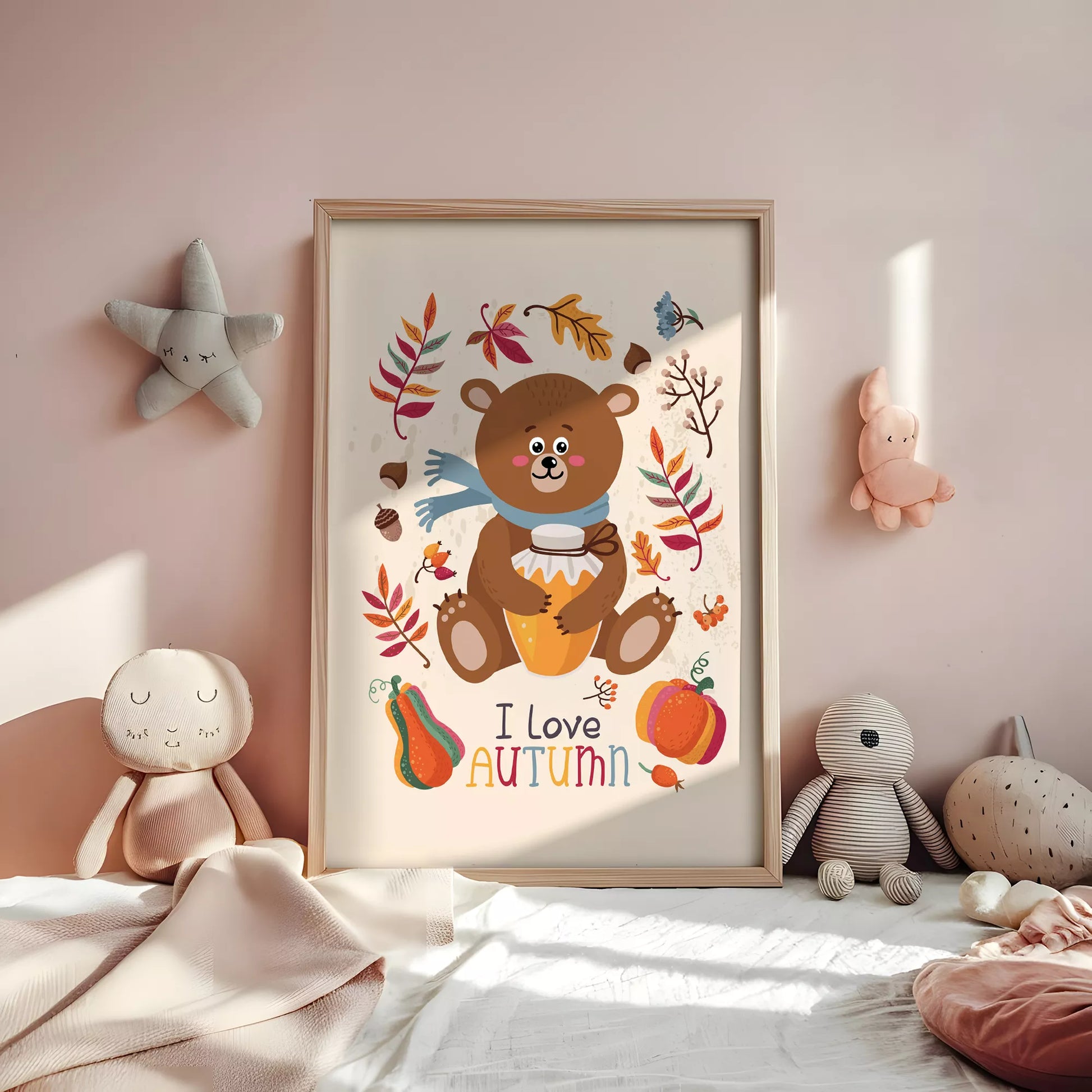秋のクマとはちみつのかわいいイラスト子供部屋用アートポスター北欧テイスト