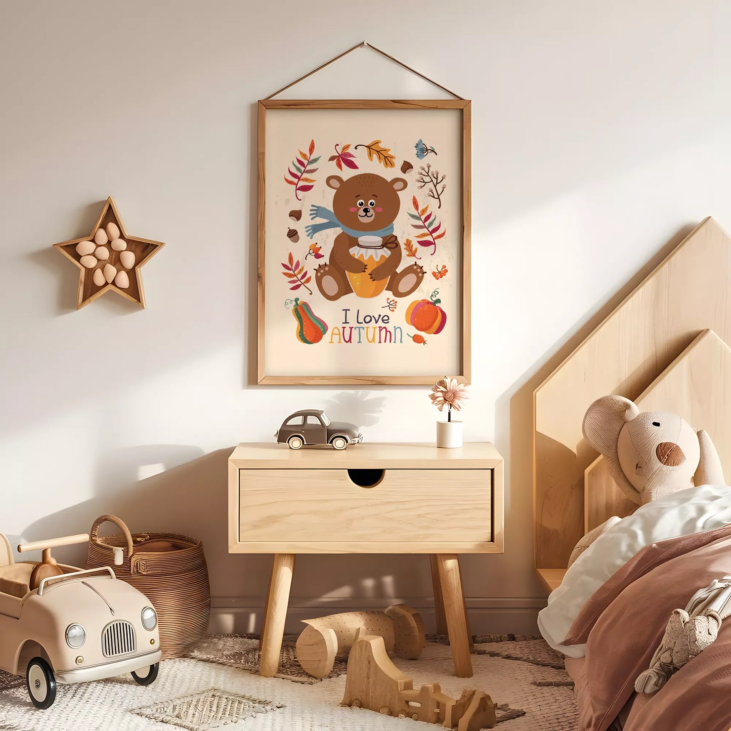 秋のクマとはちみつのかわいいイラスト子供部屋用アートポスター北欧テイスト