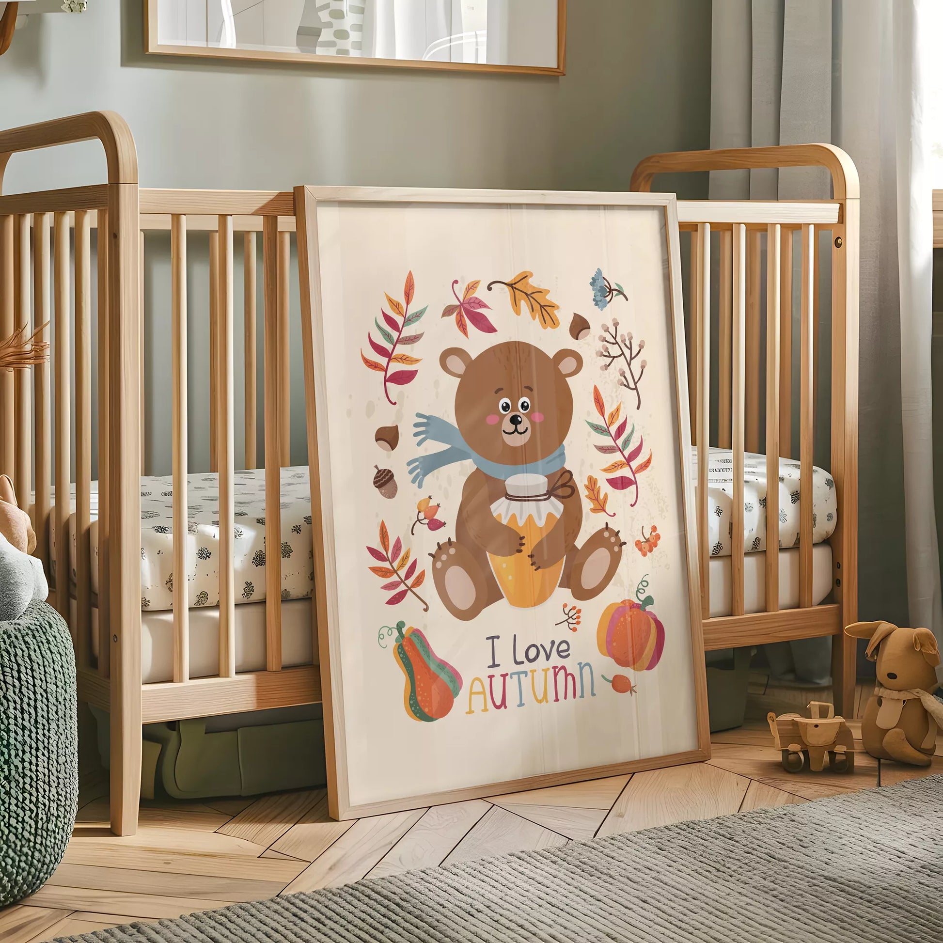 秋のクマとはちみつのかわいいイラスト子供部屋用アートポスター北欧テイスト