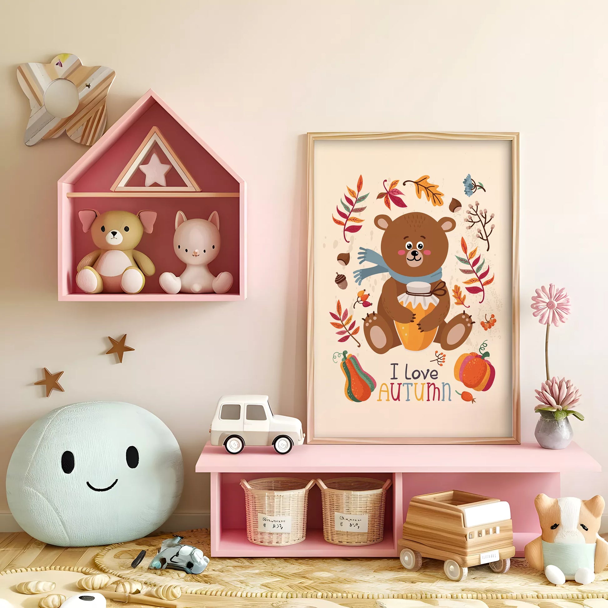 秋のクマとはちみつのかわいいイラスト子供部屋用アートポスター北欧テイスト