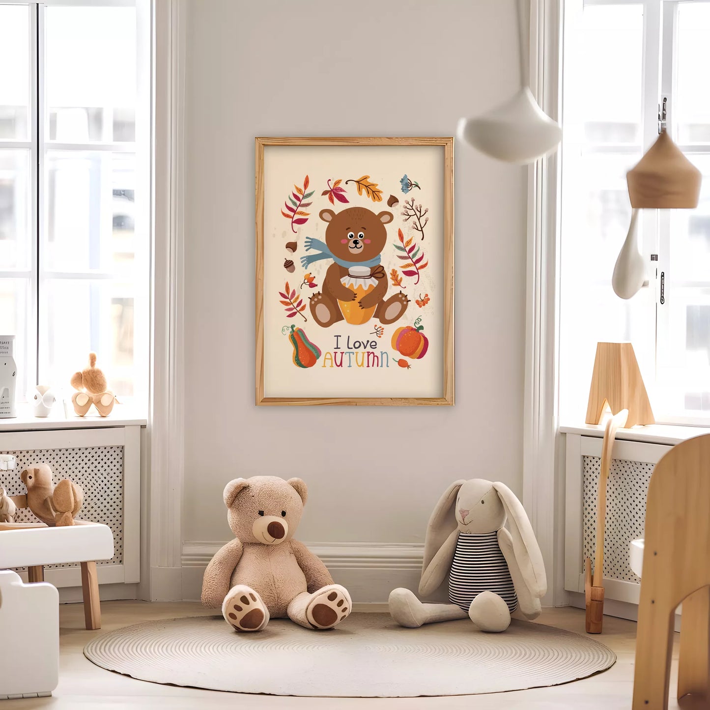 秋のクマとはちみつのかわいいイラスト子供部屋用アートポスター北欧テイスト
