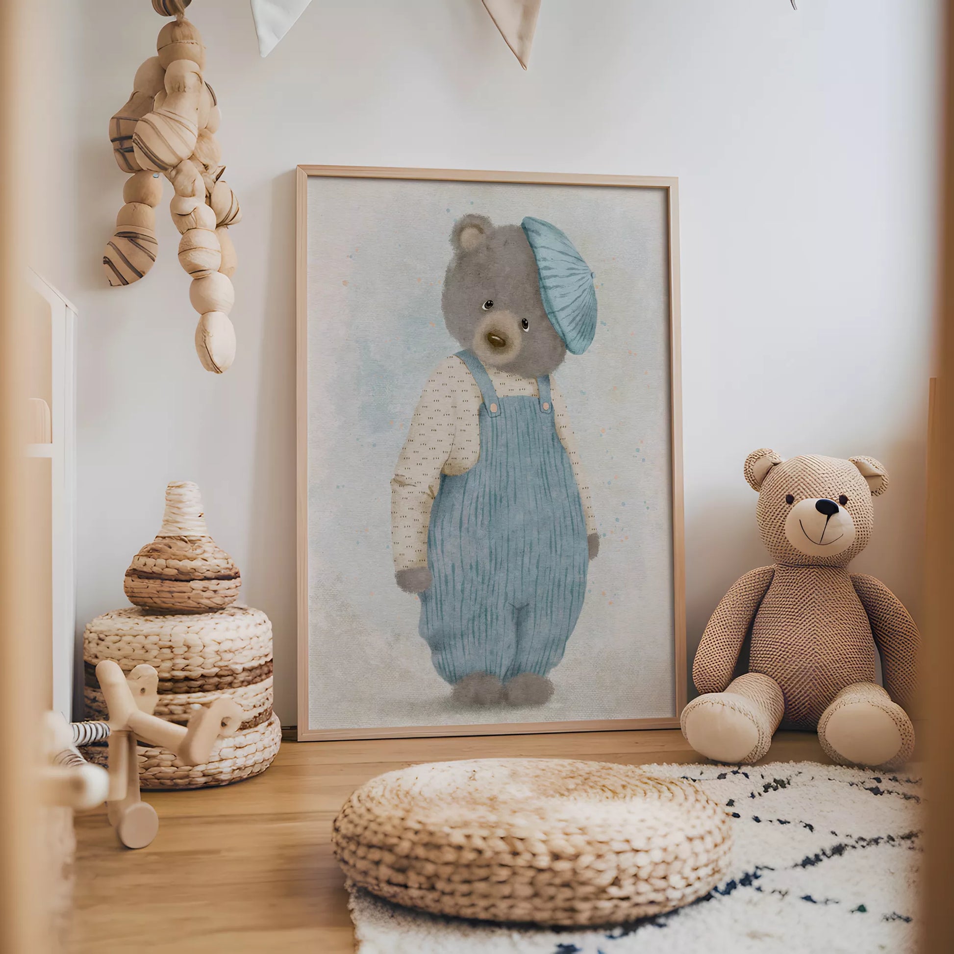 ベアオーバーオールの北欧スタイルキッズアートポスター
