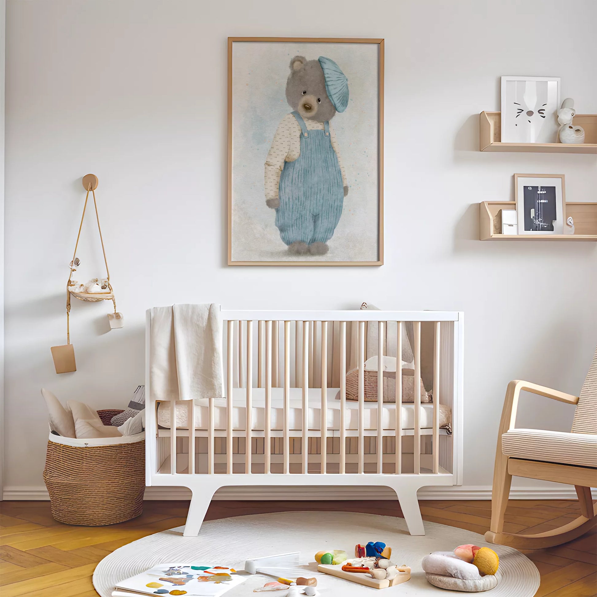 ベアオーバーオールの北欧スタイルキッズアートポスター