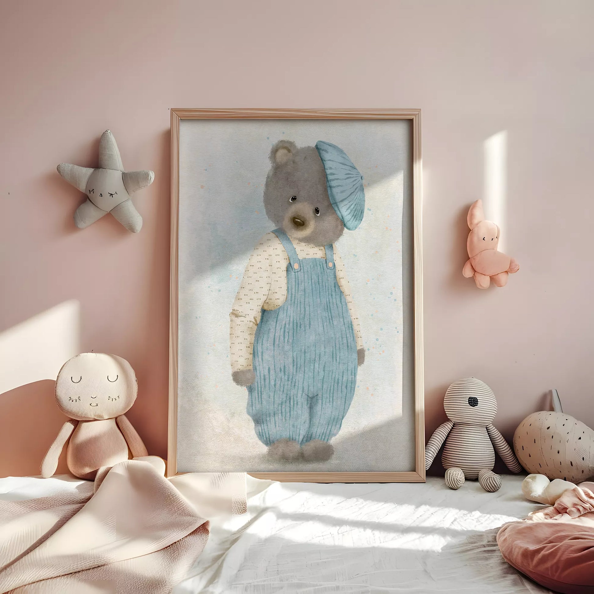 ベアオーバーオールの北欧スタイルキッズアートポスター