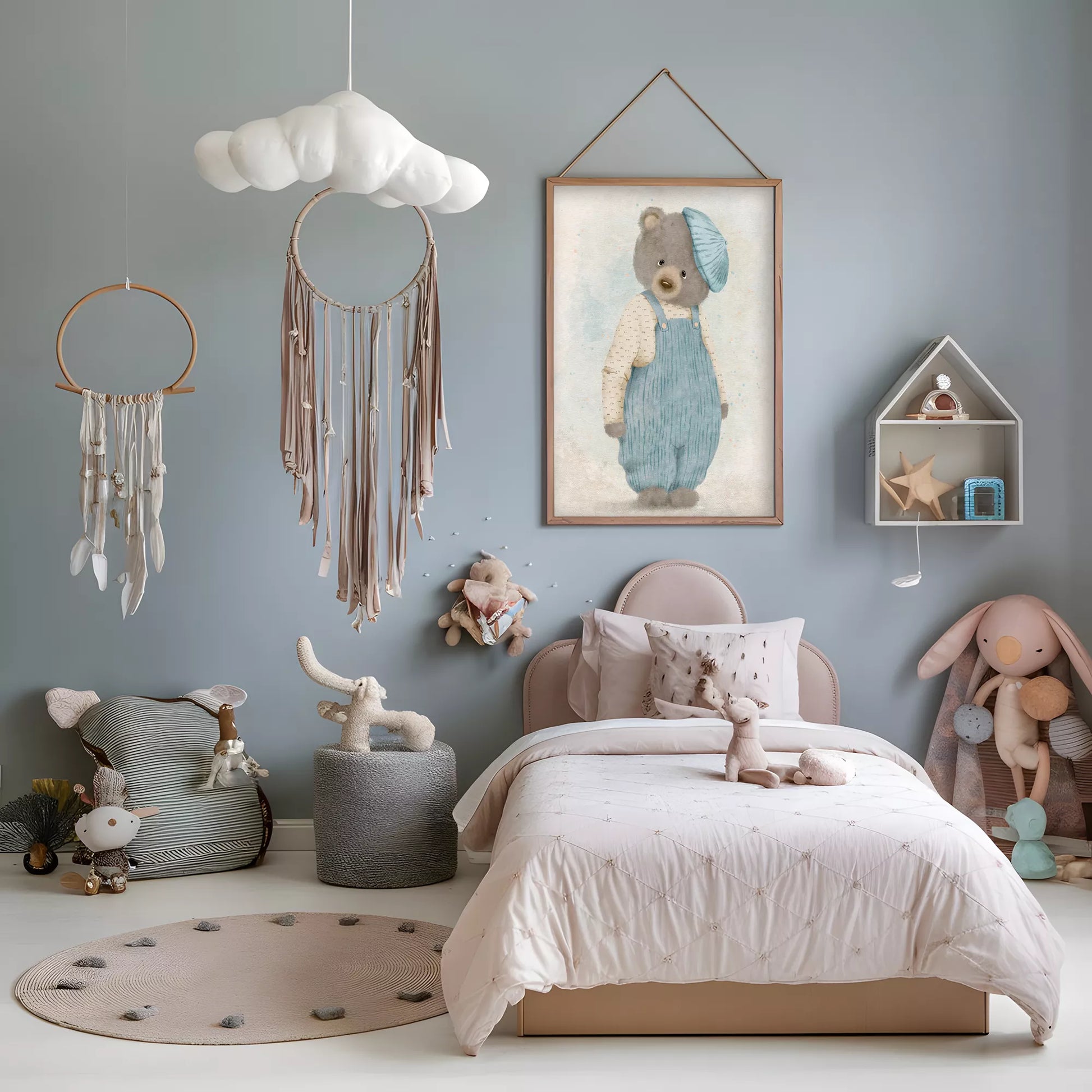 ベアオーバーオールの北欧スタイルキッズアートポスター