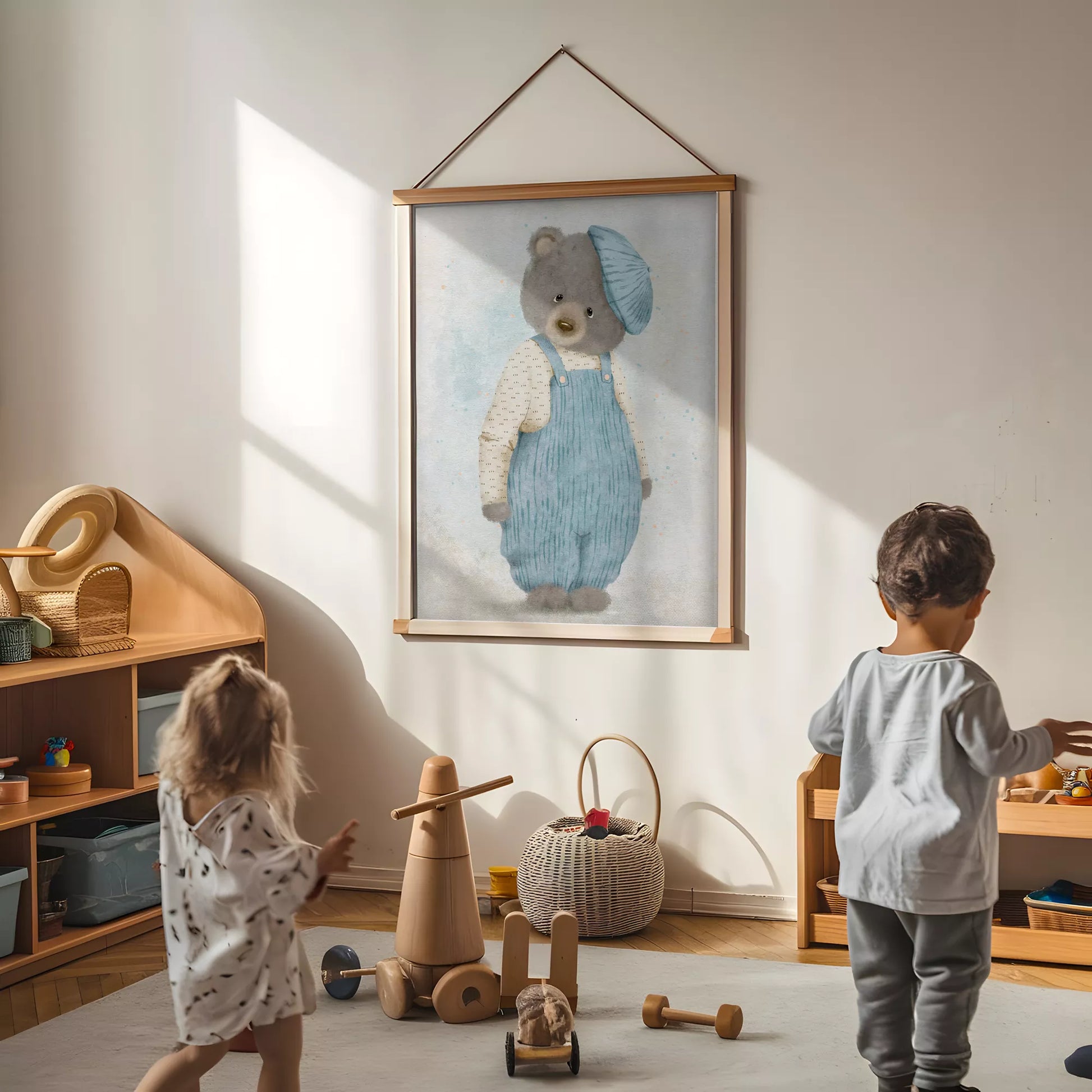 ベアオーバーオールの北欧スタイルキッズアートポスター