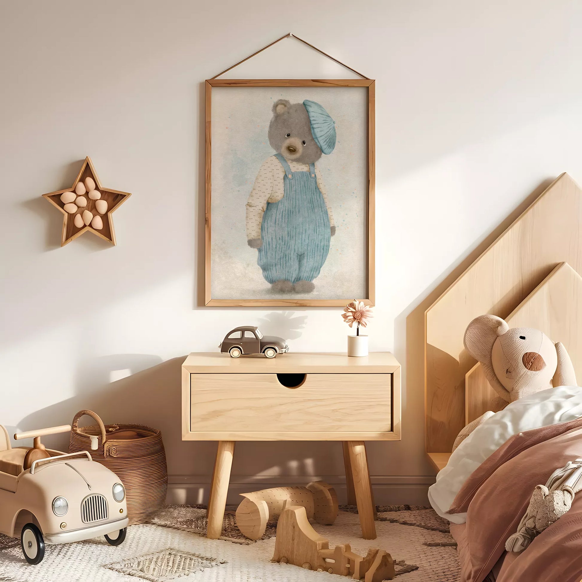 ベアオーバーオールの北欧スタイルキッズアートポスター