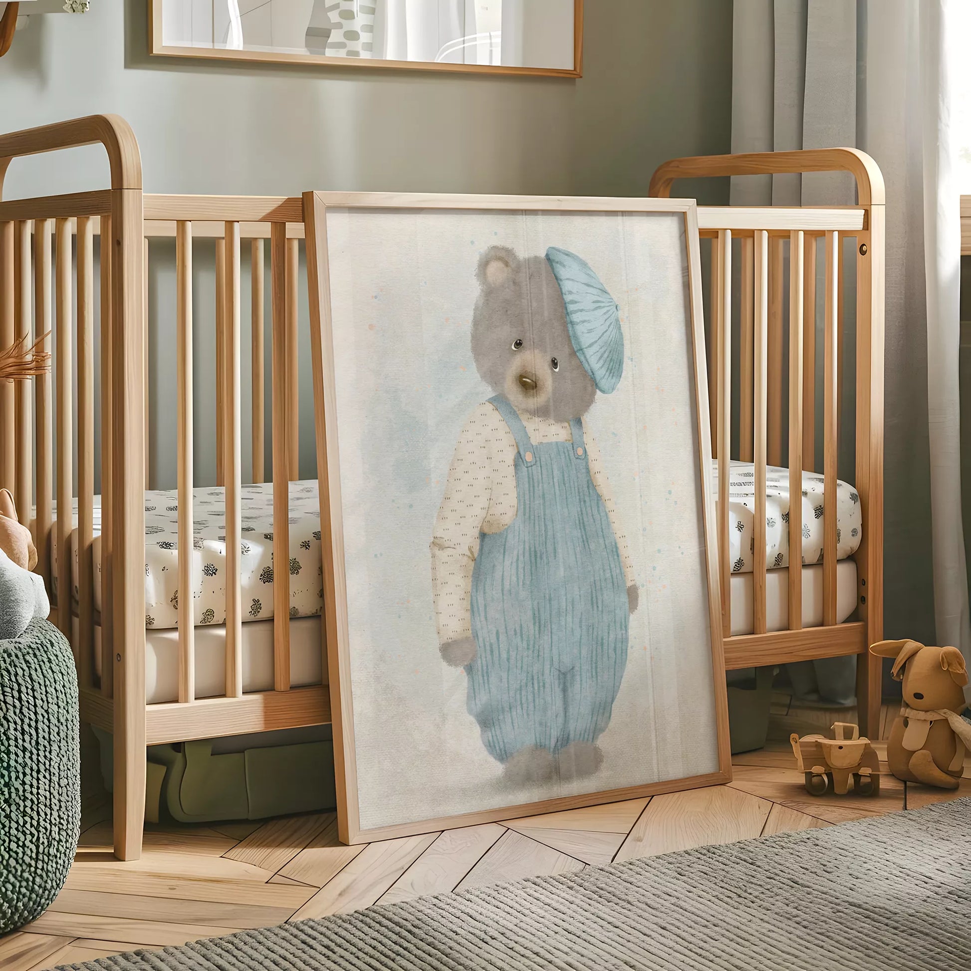 ベアオーバーオールの北欧スタイルキッズアートポスター
