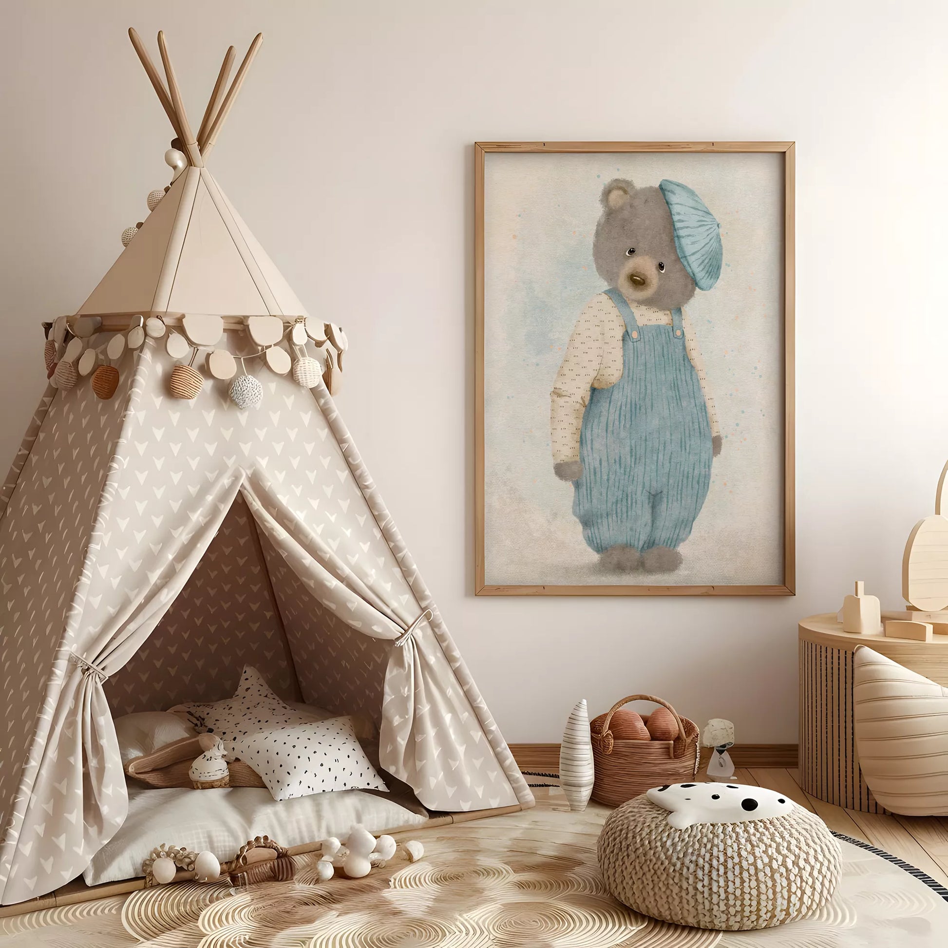 ベアオーバーオールの北欧スタイルキッズアートポスター