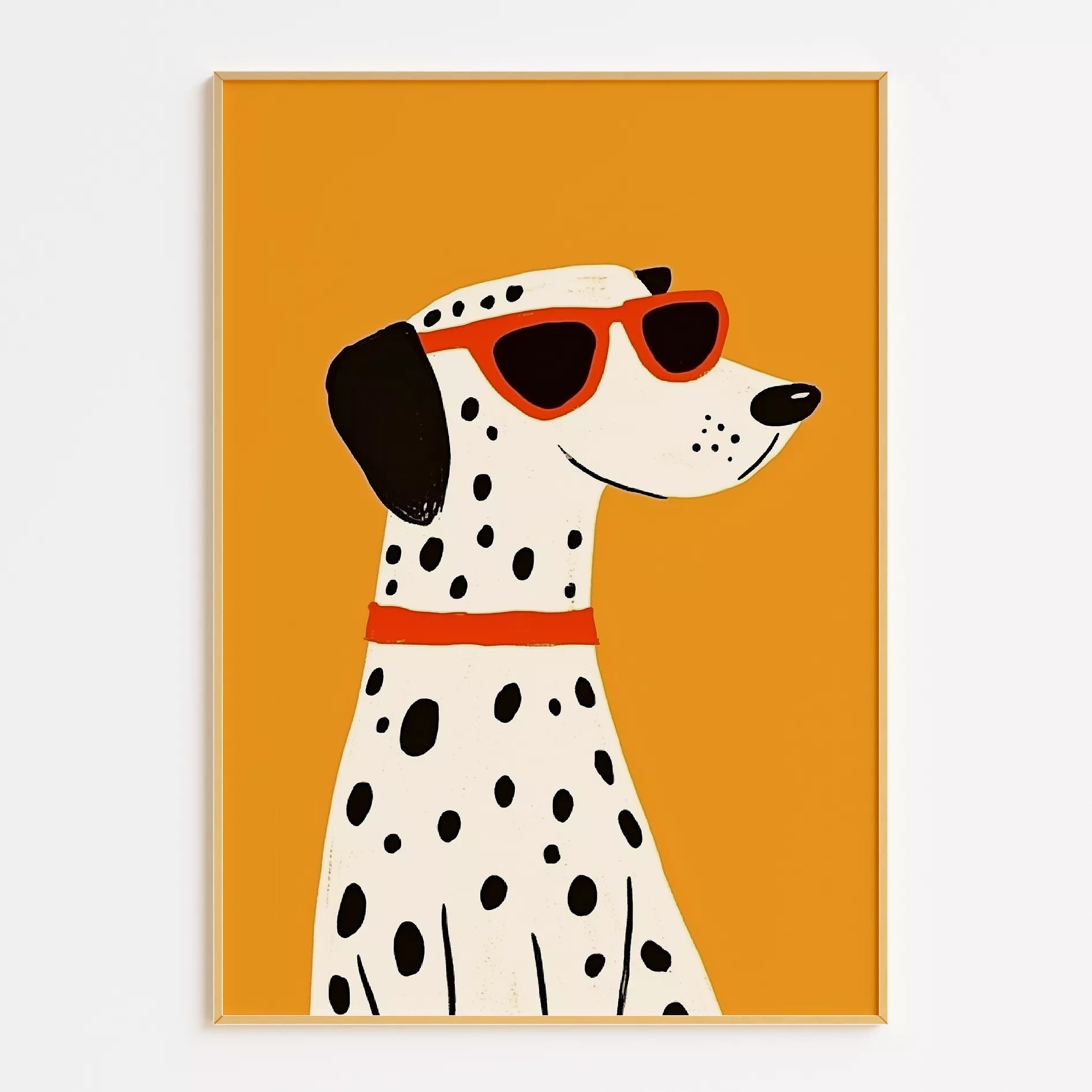 サングラスをかけたダルメシアンとオレンジ背景のキッズアートポスター