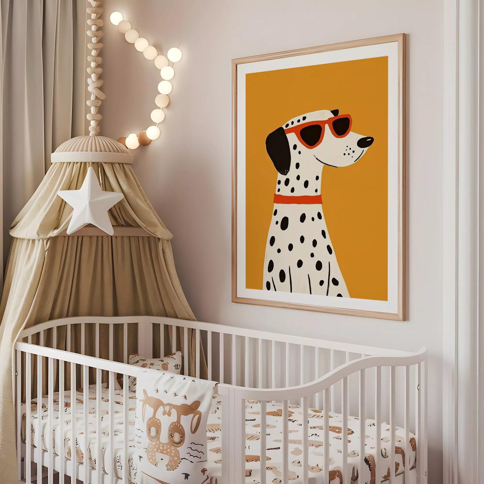 サングラスをかけたダルメシアンとオレンジ背景のキッズアートポスター