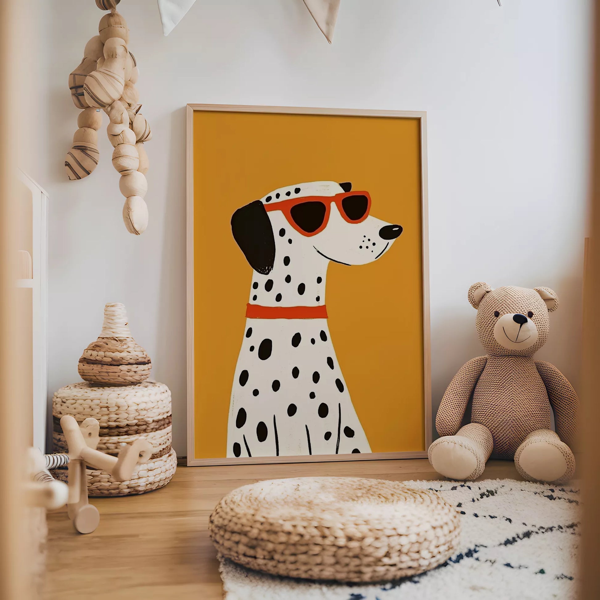 サングラスをかけたダルメシアンとオレンジ背景のキッズアートポスター