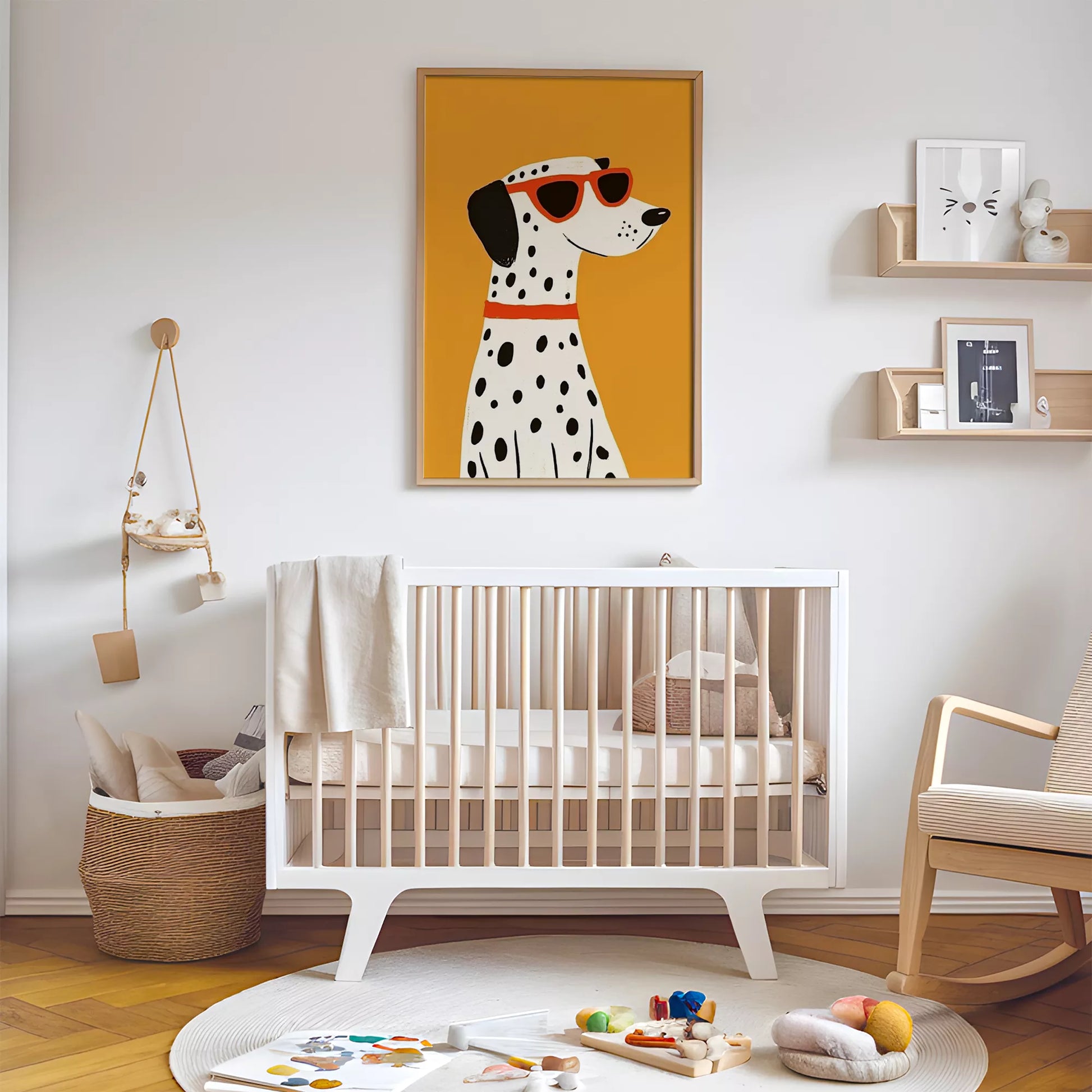 サングラスをかけたダルメシアンとオレンジ背景のキッズアートポスター