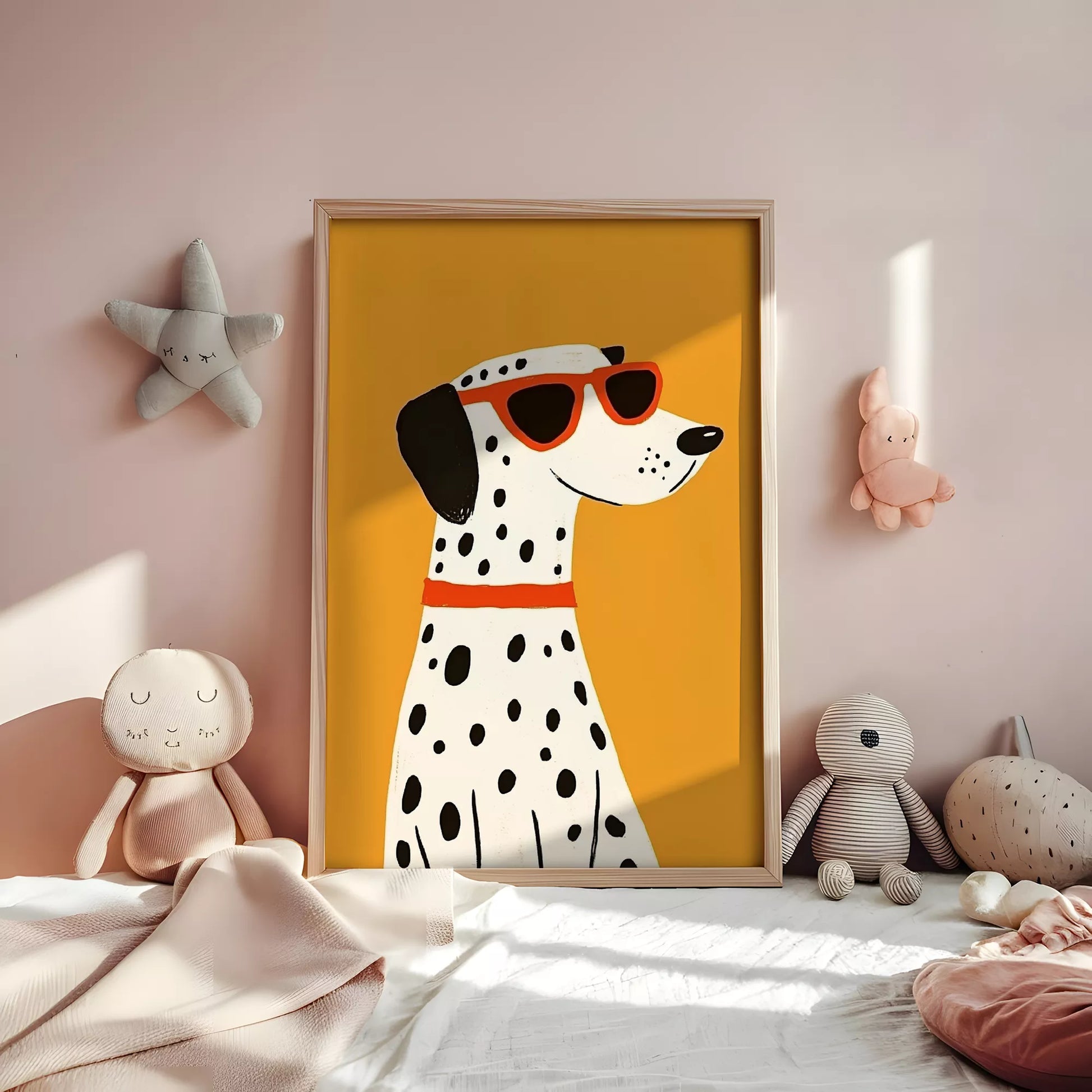サングラスをかけたダルメシアンとオレンジ背景のキッズアートポスター