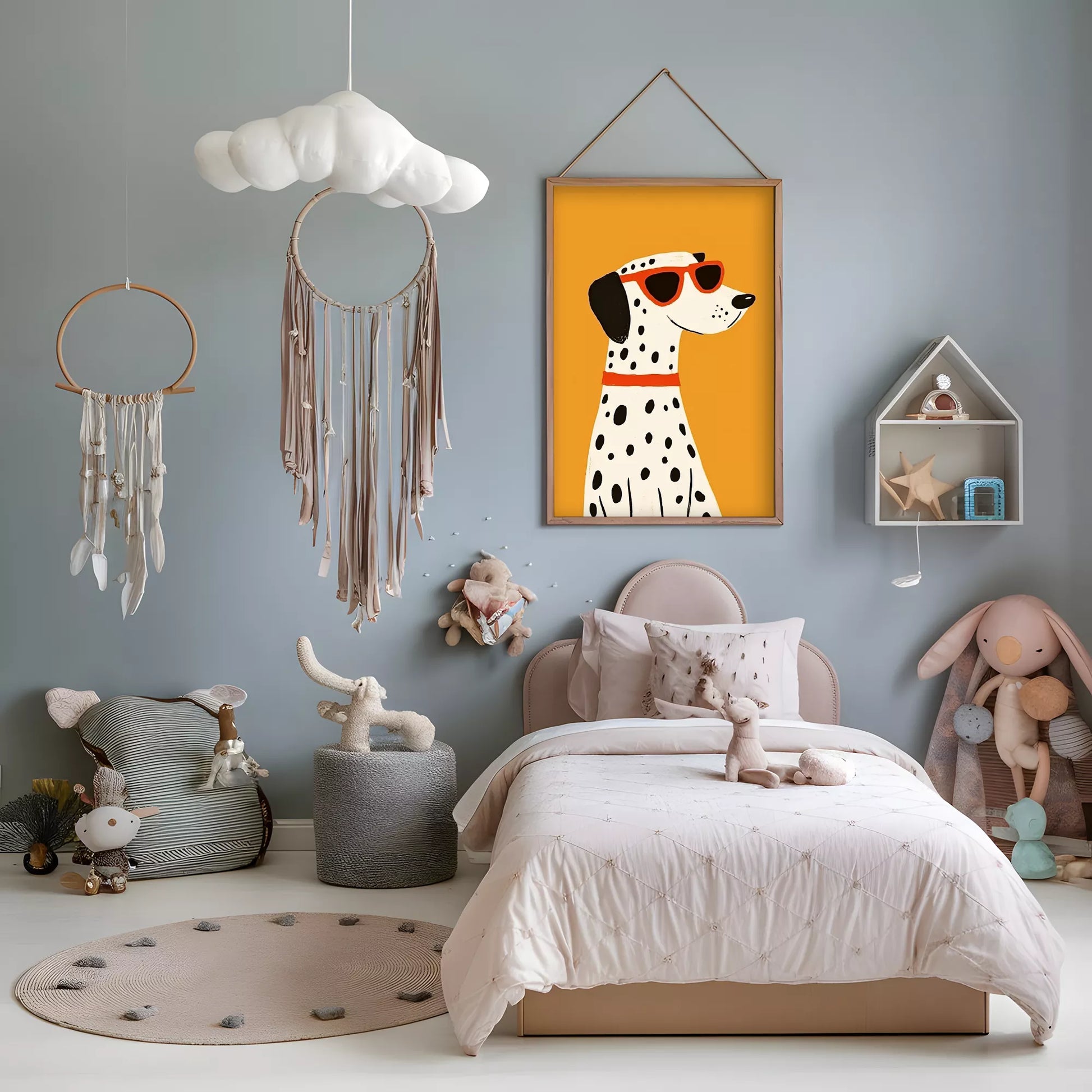 サングラスをかけたダルメシアンとオレンジ背景のキッズアートポスター