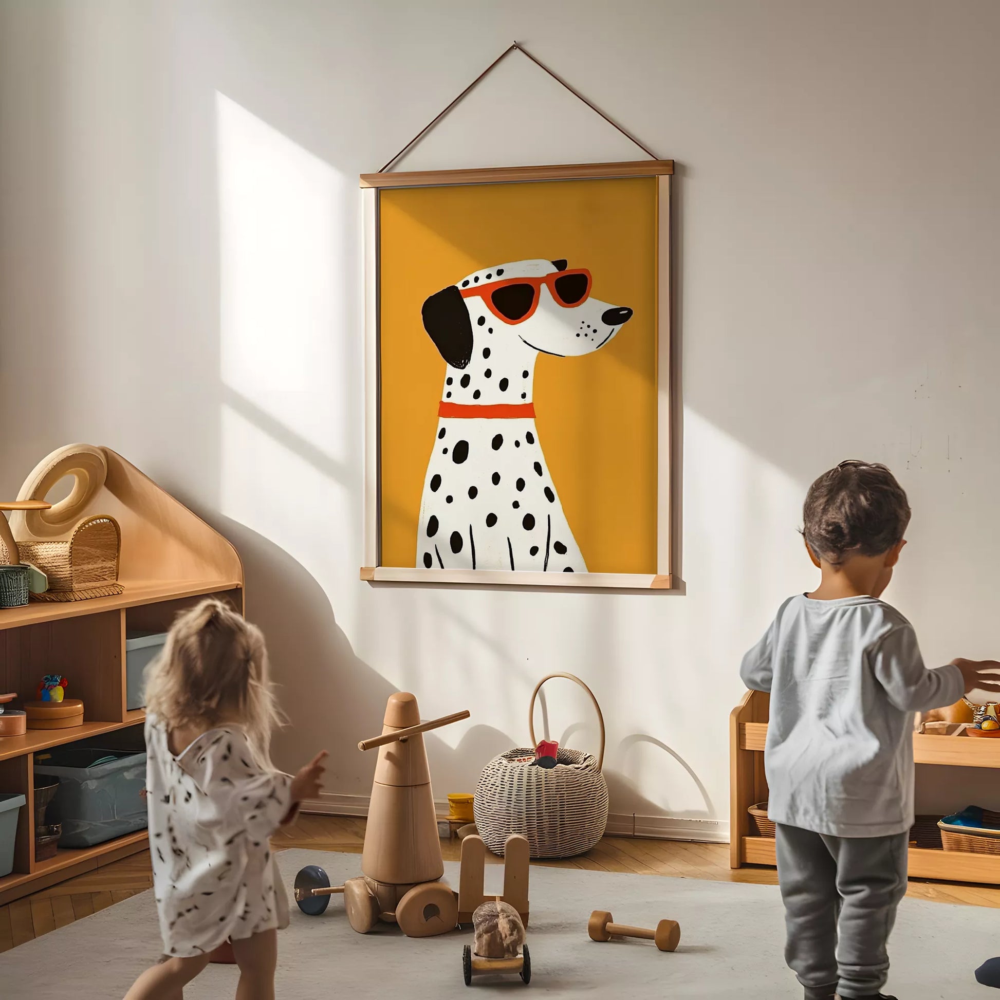 サングラスをかけたダルメシアンとオレンジ背景のキッズアートポスター