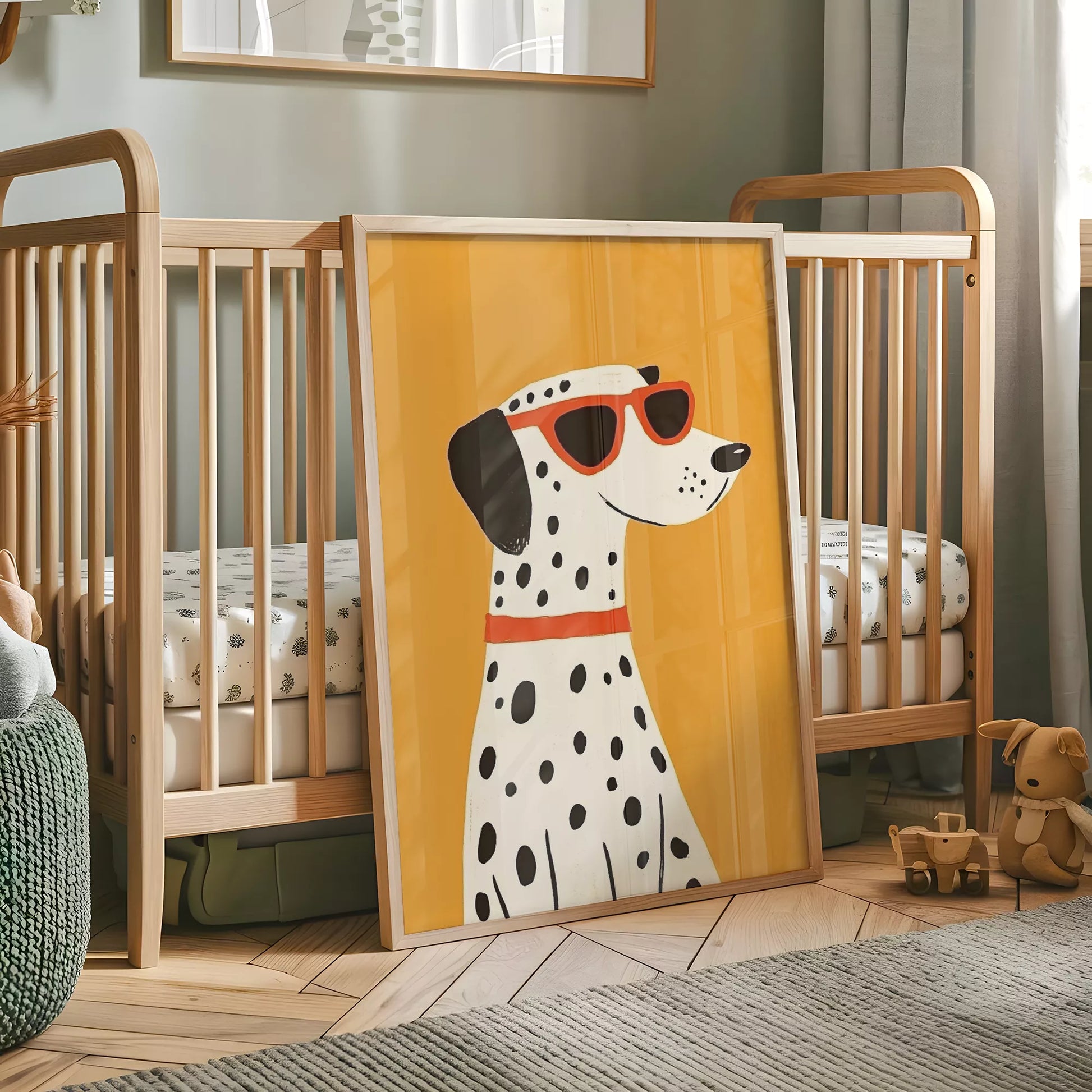 サングラスをかけたダルメシアンとオレンジ背景のキッズアートポスター