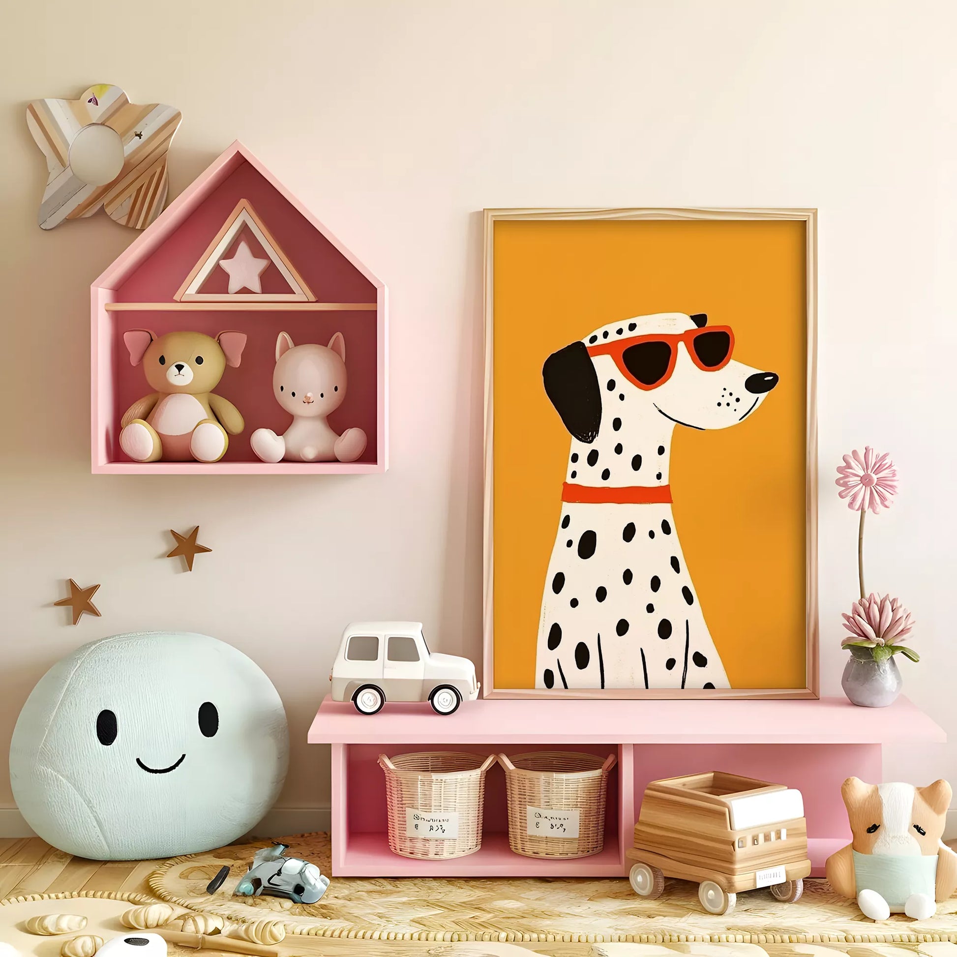 サングラスをかけたダルメシアンとオレンジ背景のキッズアートポスター