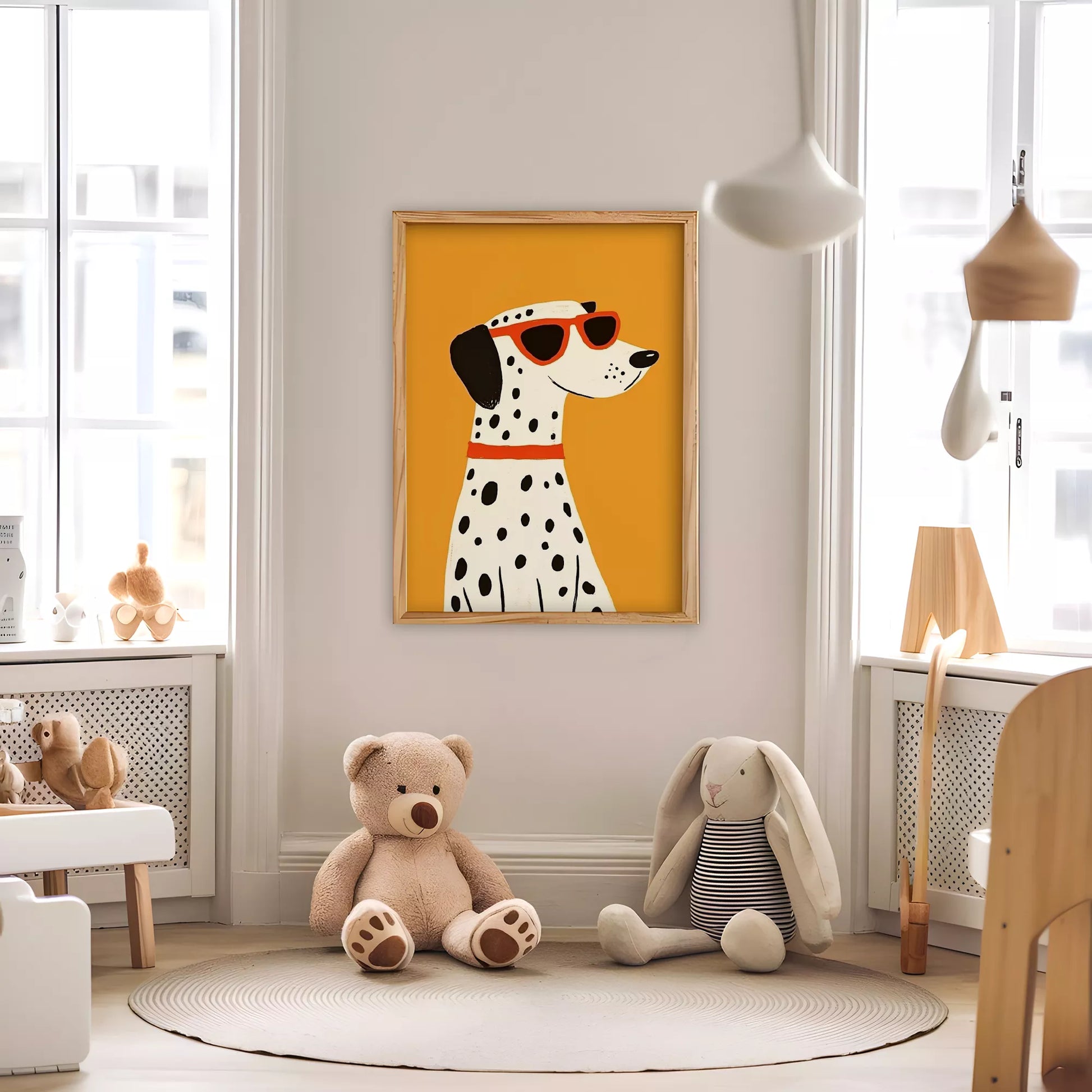 サングラスをかけたダルメシアンとオレンジ背景のキッズアートポスター