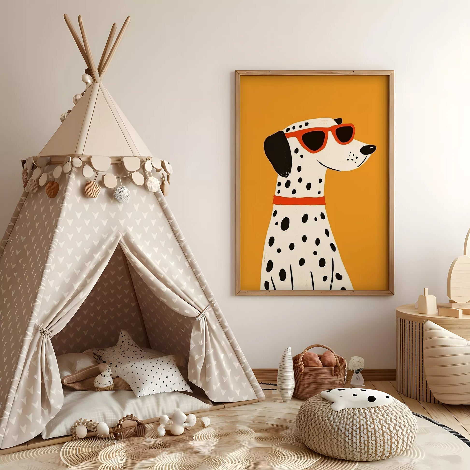 サングラスをかけたダルメシアンとオレンジ背景のキッズアートポスター