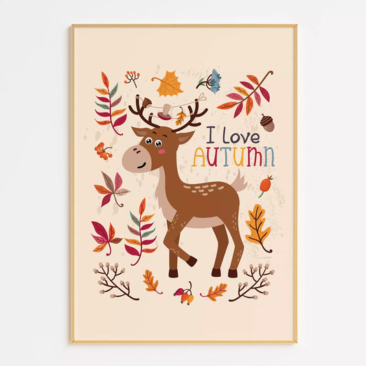 秋の葉っぱとシカのかわいいイラスト子供部屋用北欧アートポスター