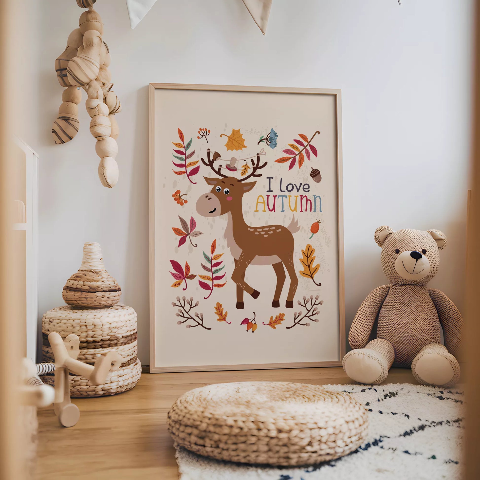 秋の葉っぱとシカのかわいいイラスト子供部屋用北欧アートポスター