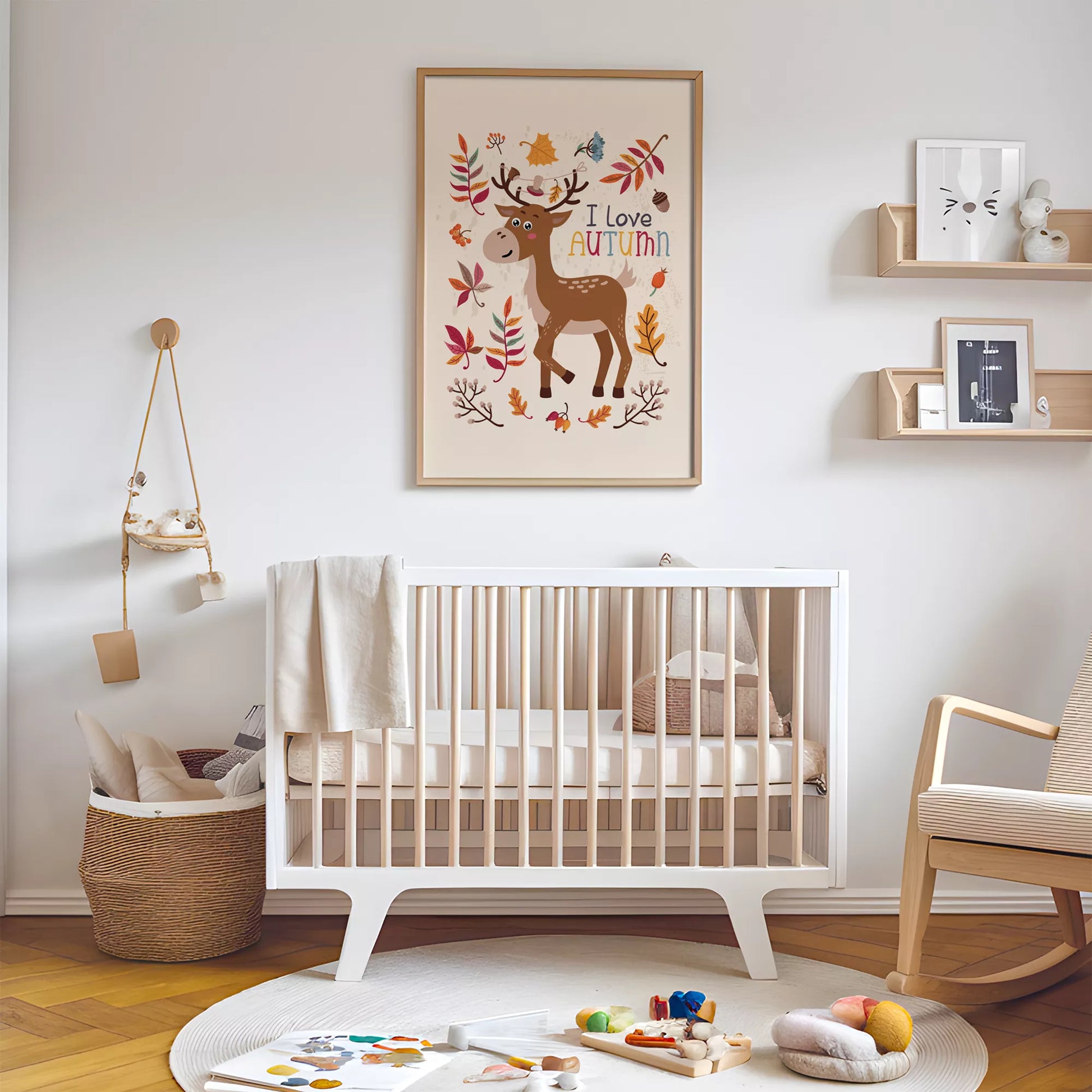 秋の葉っぱとシカのかわいいイラスト子供部屋用北欧アートポスター