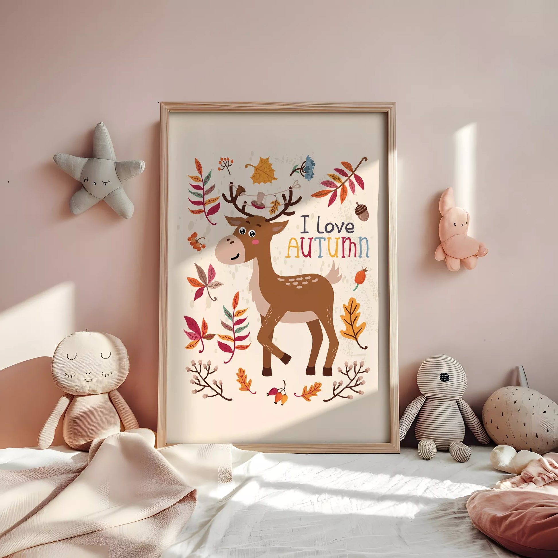秋の葉っぱとシカのかわいいイラスト子供部屋用北欧アートポスター