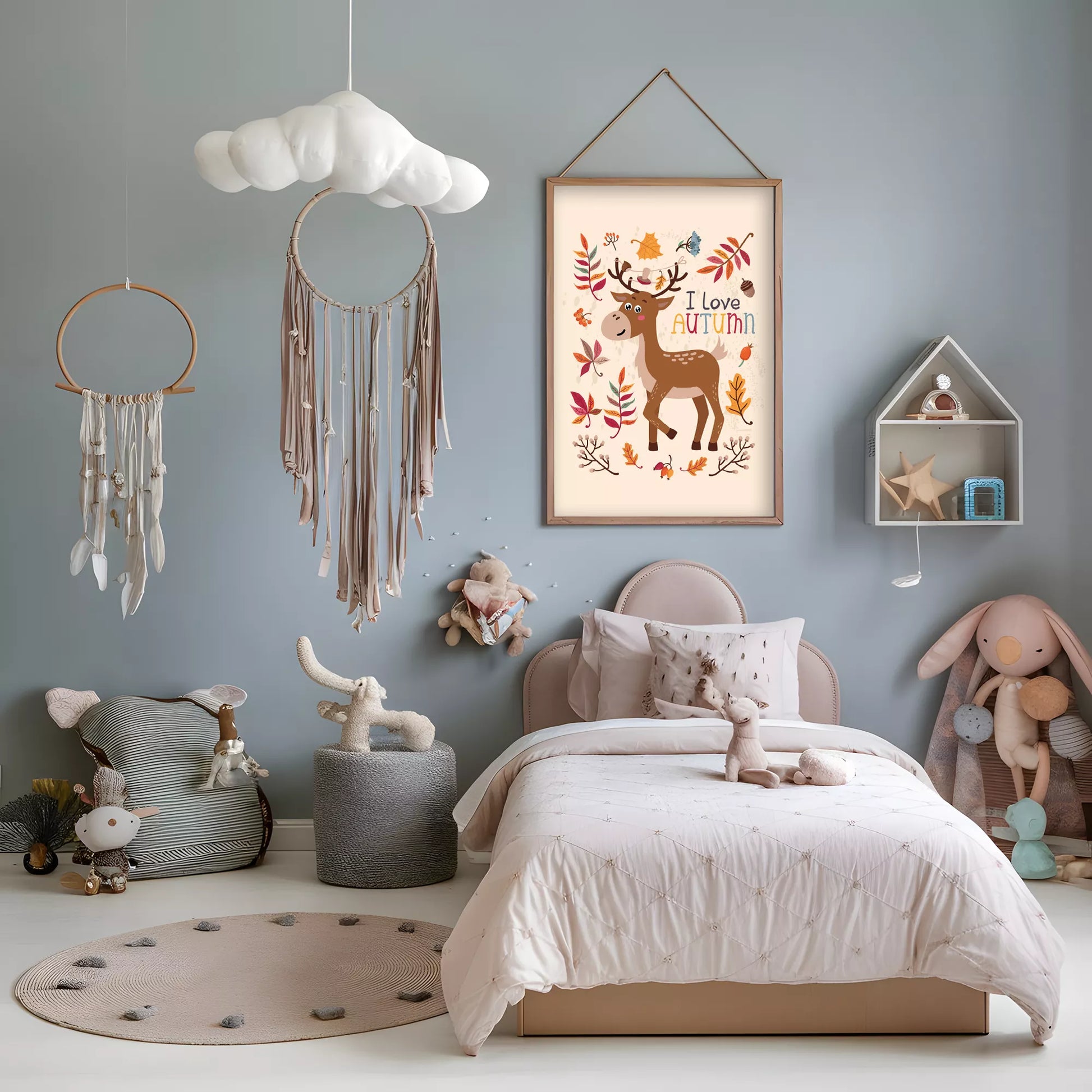 秋の葉っぱとシカのかわいいイラスト子供部屋用北欧アートポスター