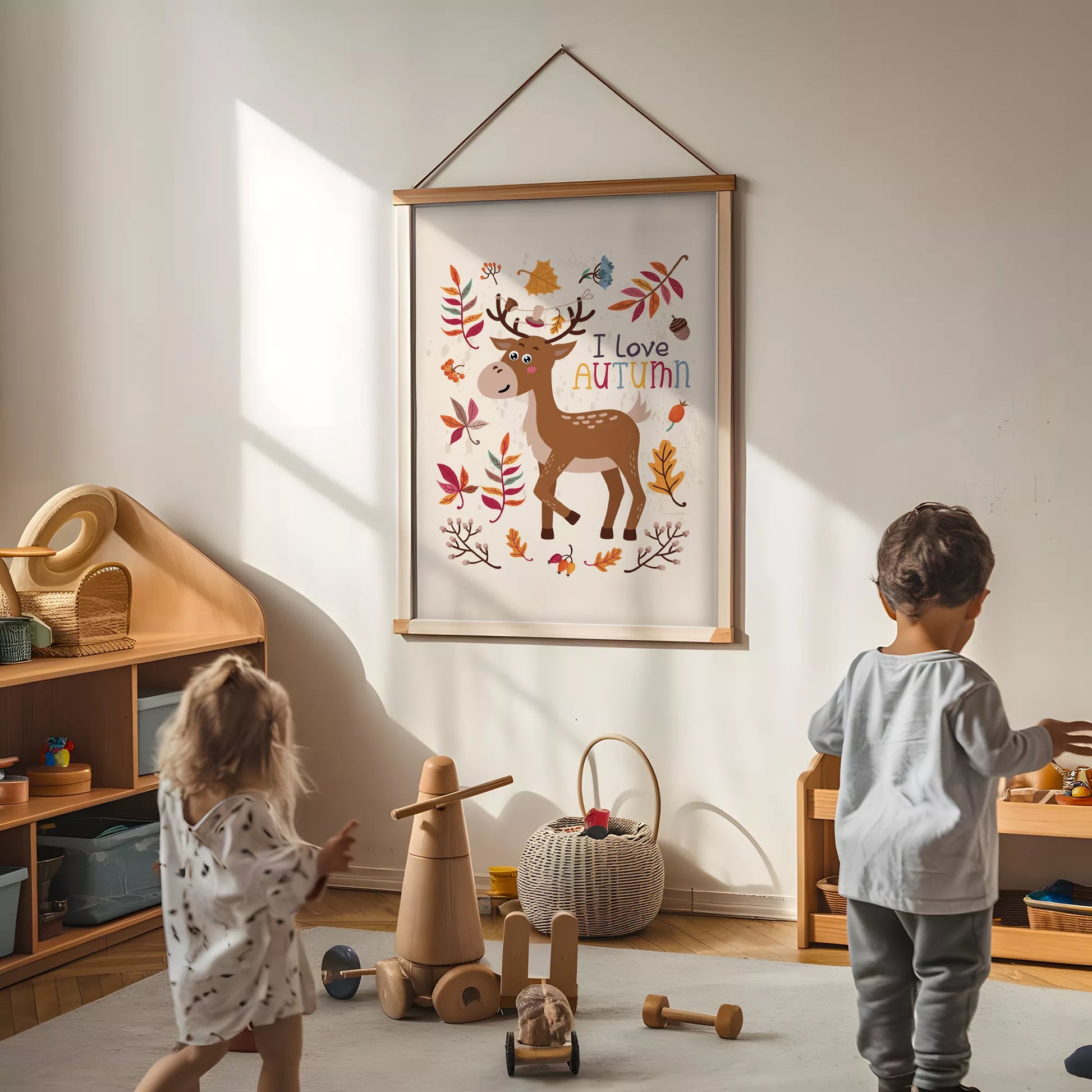 秋の葉っぱとシカのかわいいイラスト子供部屋用北欧アートポスター