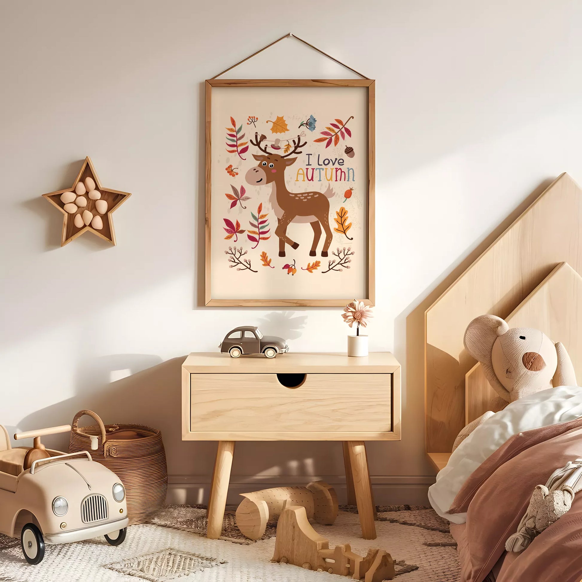 秋の葉っぱとシカのかわいいイラスト子供部屋用北欧アートポスター