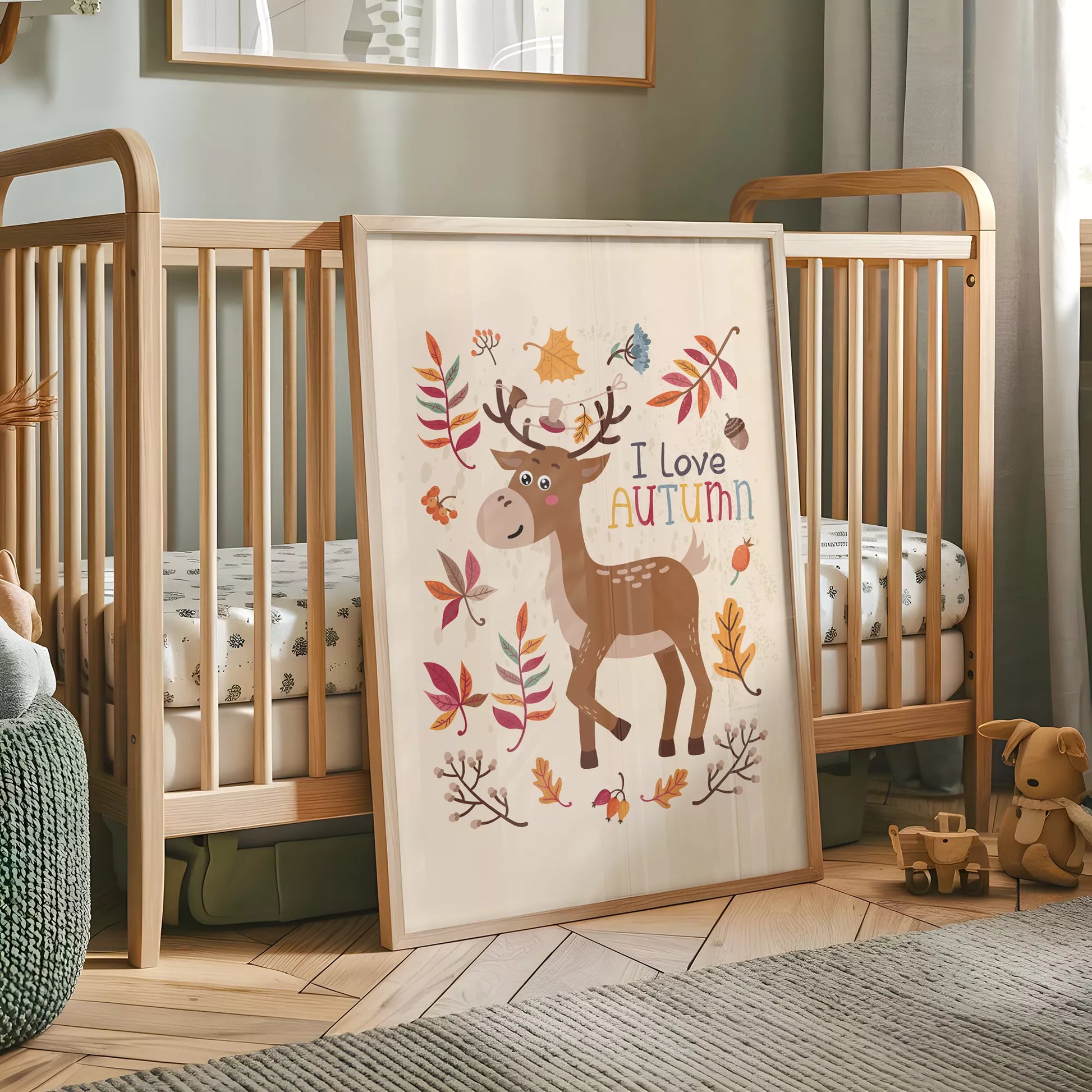 秋の葉っぱとシカのかわいいイラスト子供部屋用北欧アートポスター