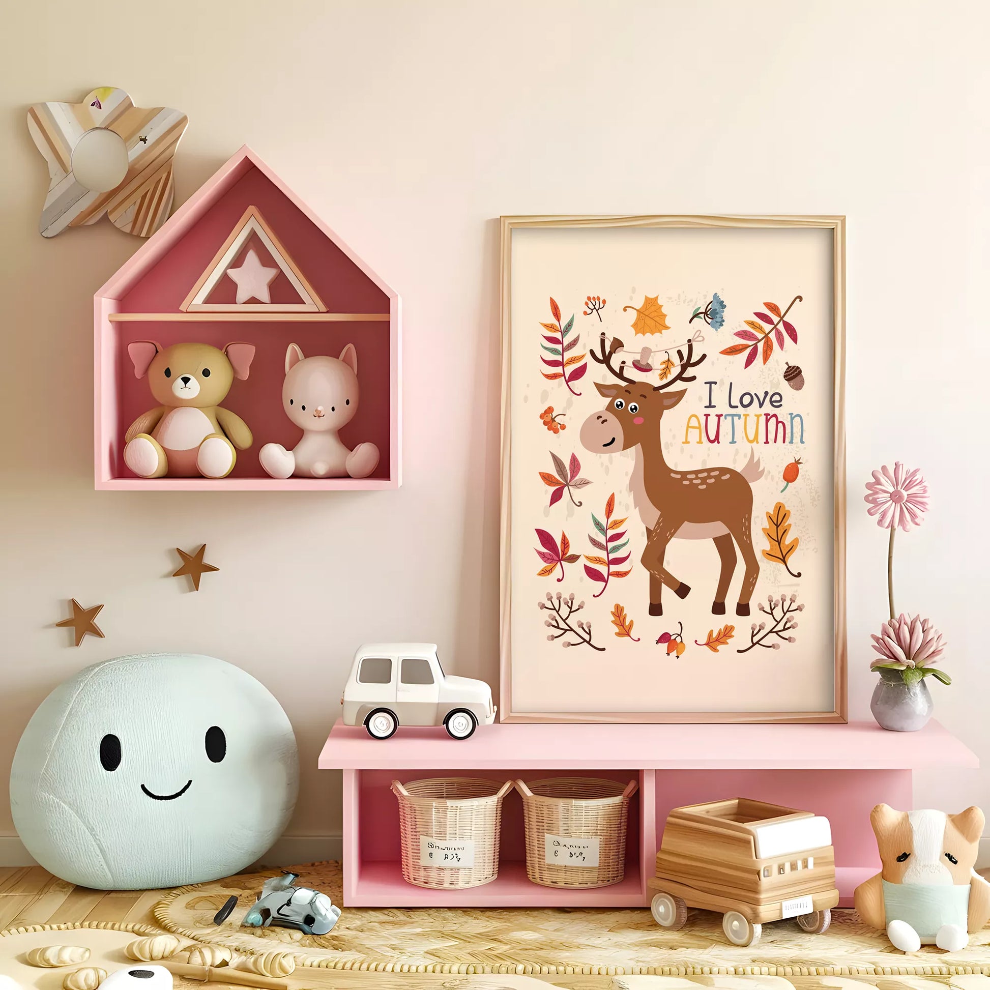 秋の葉っぱとシカのかわいいイラスト子供部屋用北欧アートポスター