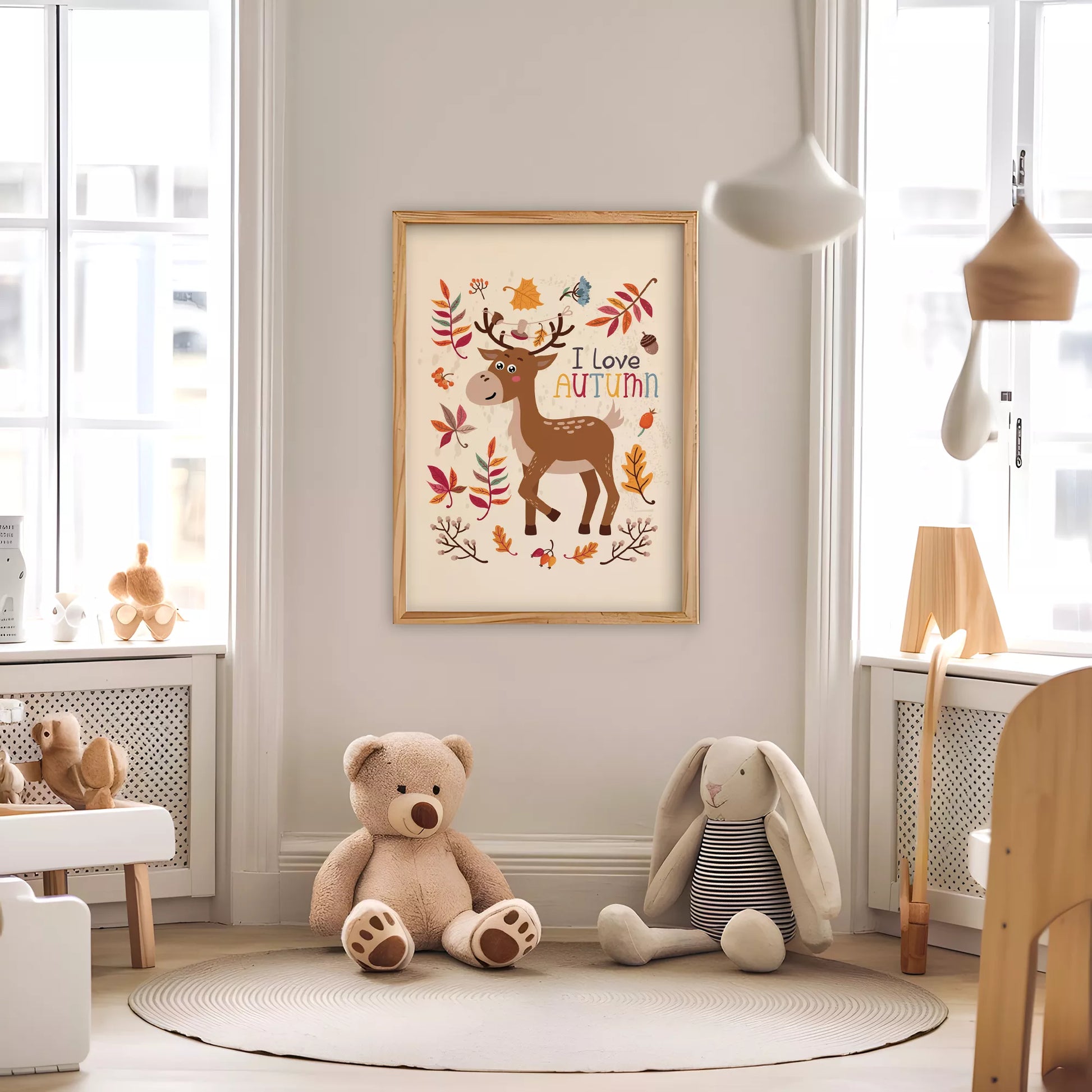 秋の葉っぱとシカのかわいいイラスト子供部屋用北欧アートポスター