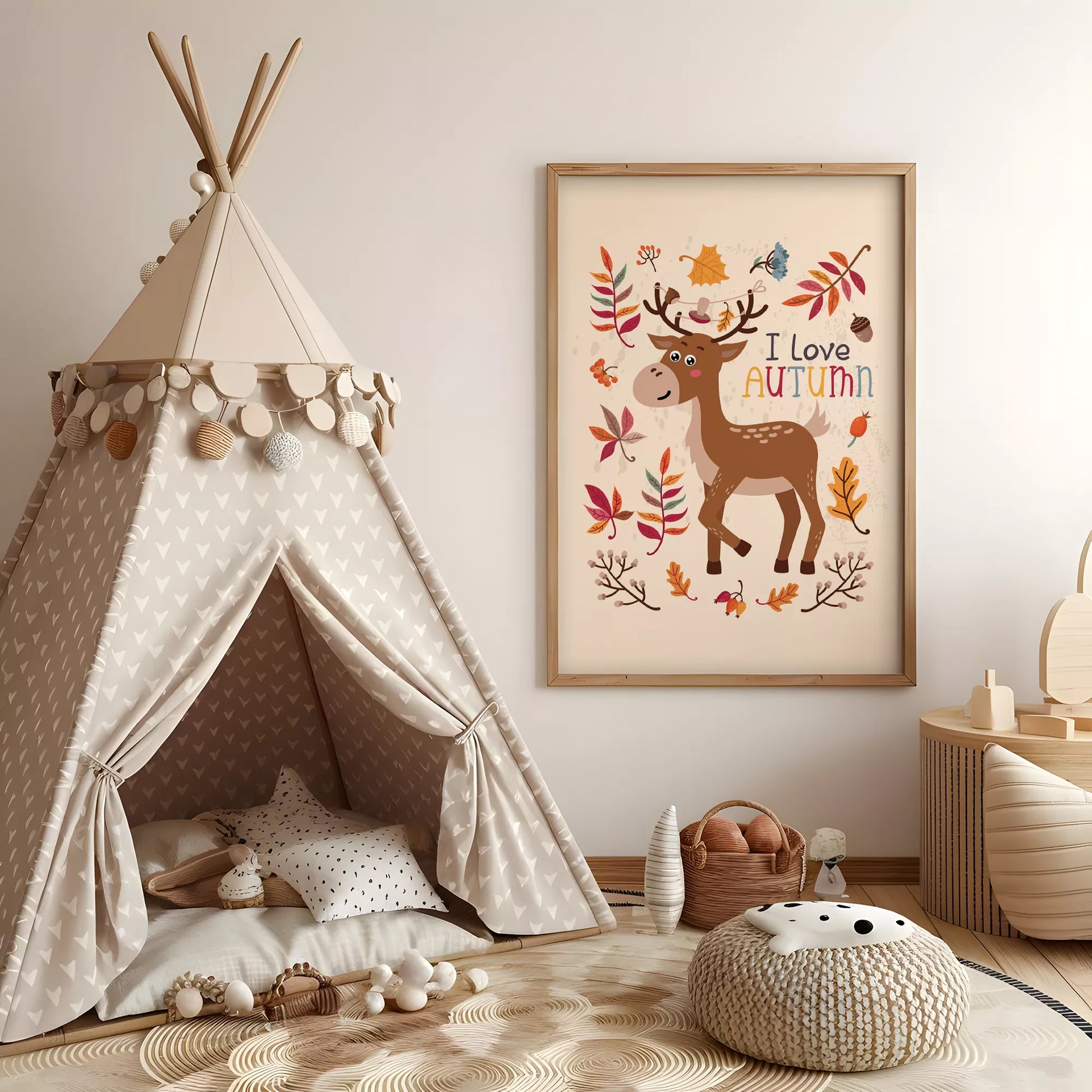 秋の葉っぱとシカのかわいいイラスト子供部屋用北欧アートポスター