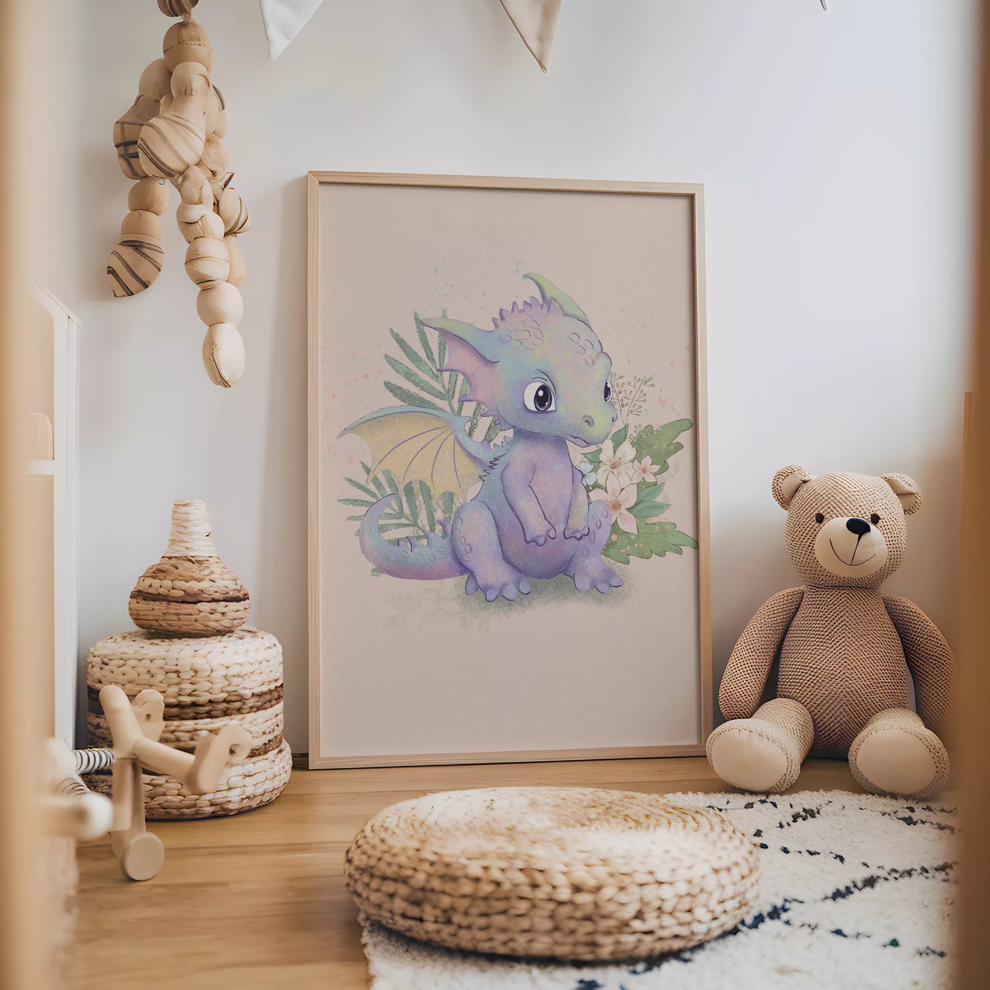 ファンタジードラゴンの花柄キッズアートポスター