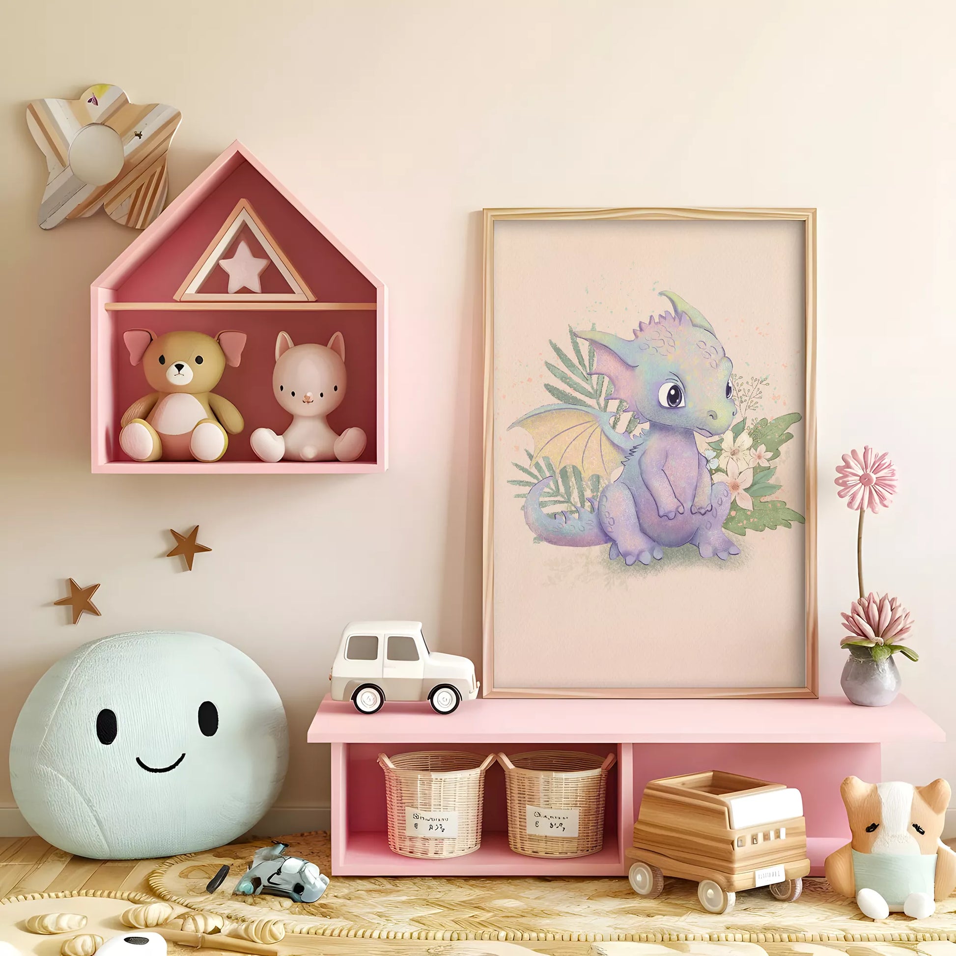 ファンタジードラゴンの花柄キッズアートポスター