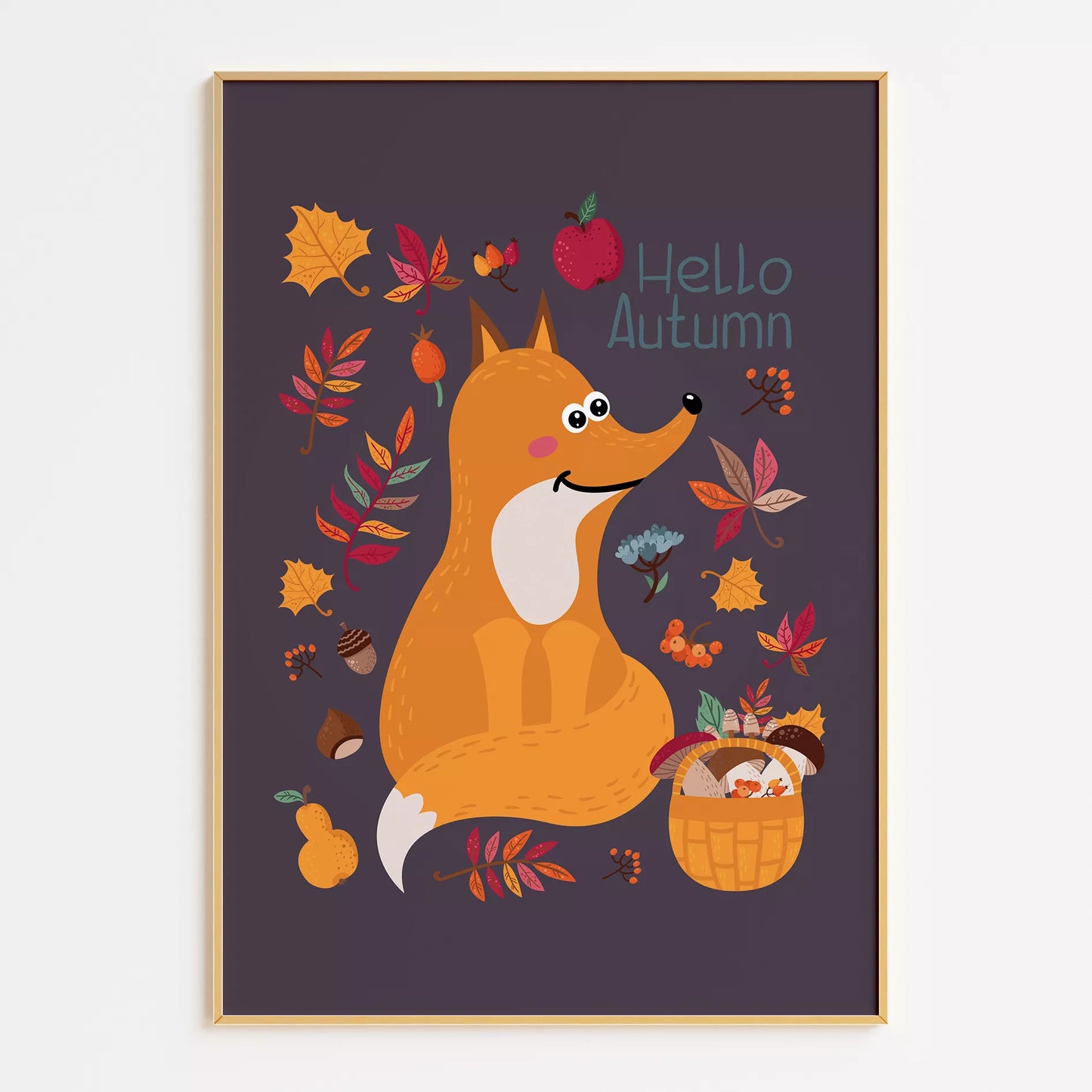 秋のきつねとバスケットのかわいいイラスト子供部屋用北欧アートポスター