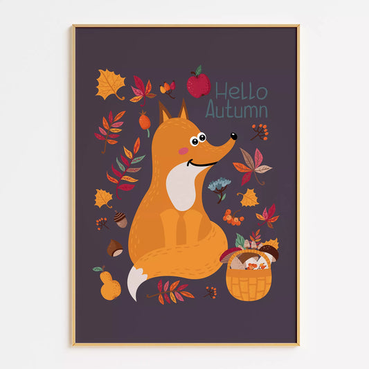 秋のきつねとバスケットのかわいいイラスト子供部屋用北欧アートポスター