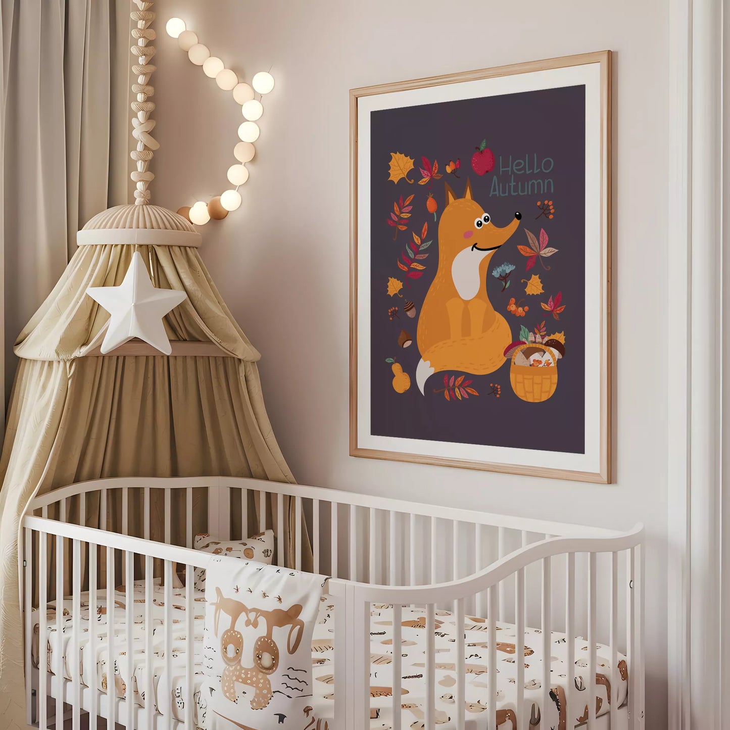 秋のきつねとバスケットのかわいいイラスト子供部屋用北欧アートポスター