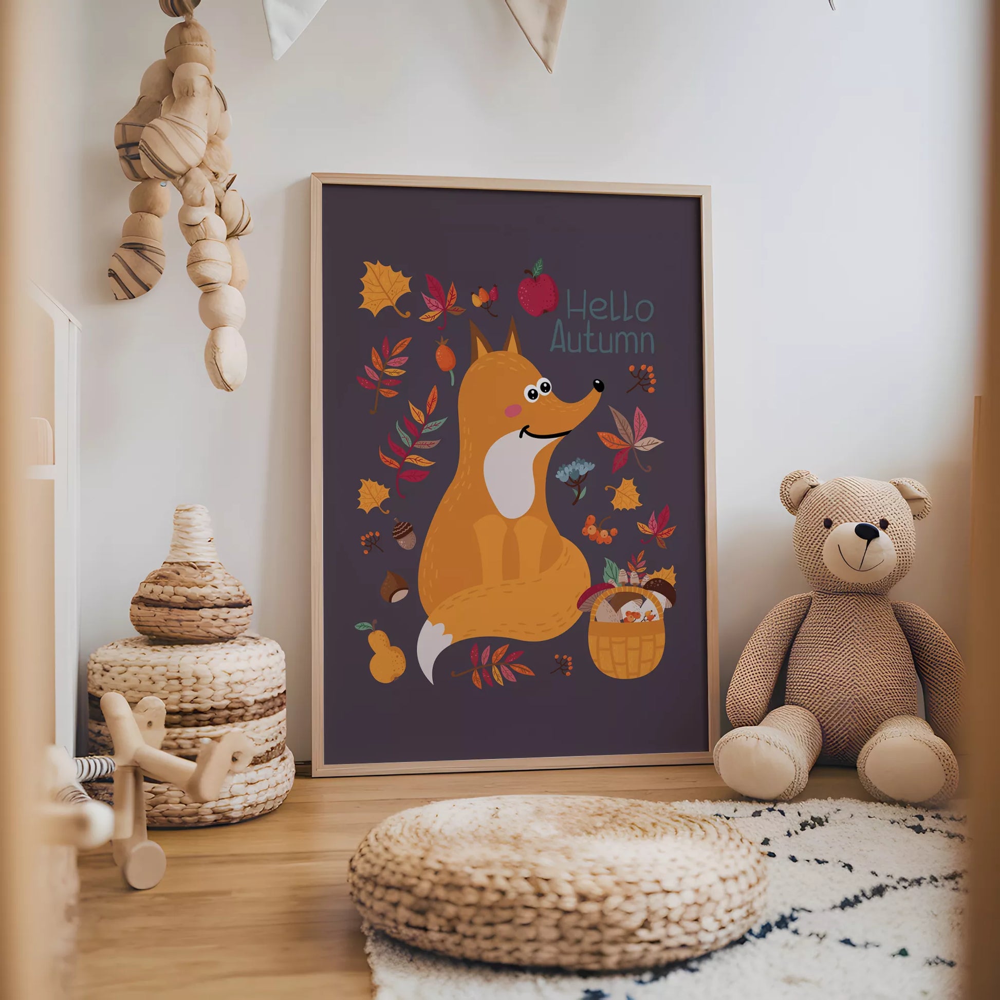 秋のきつねとバスケットのかわいいイラスト子供部屋用北欧アートポスター