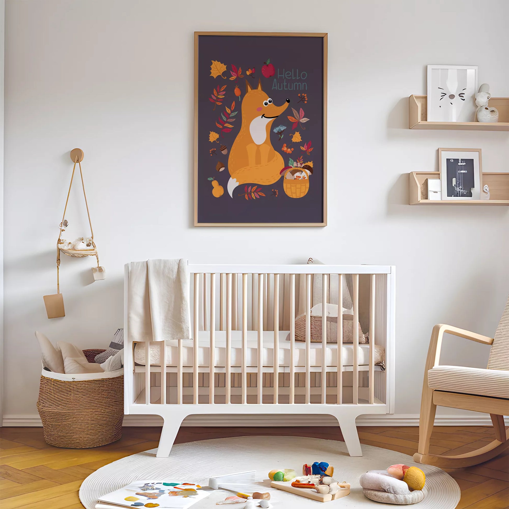 秋のきつねとバスケットのかわいいイラスト子供部屋用北欧アートポスター