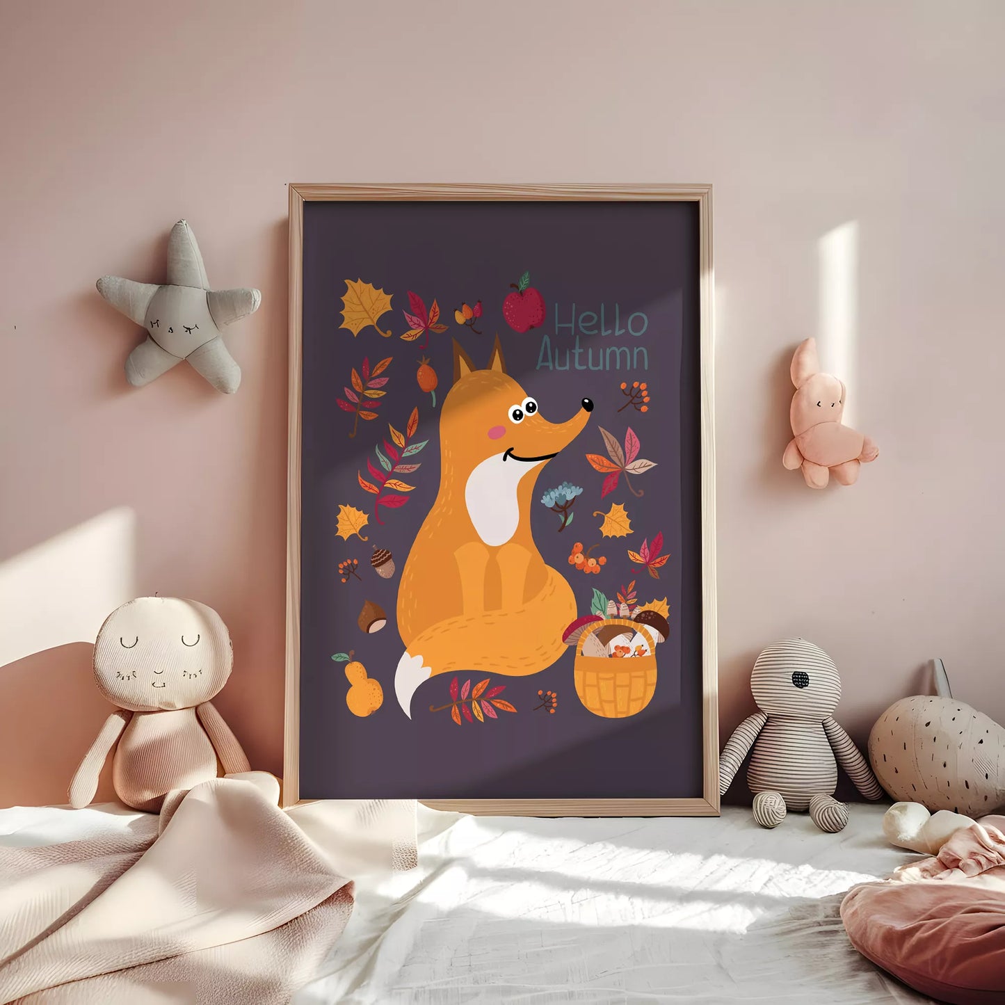 秋のきつねとバスケットのかわいいイラスト子供部屋用北欧アートポスター