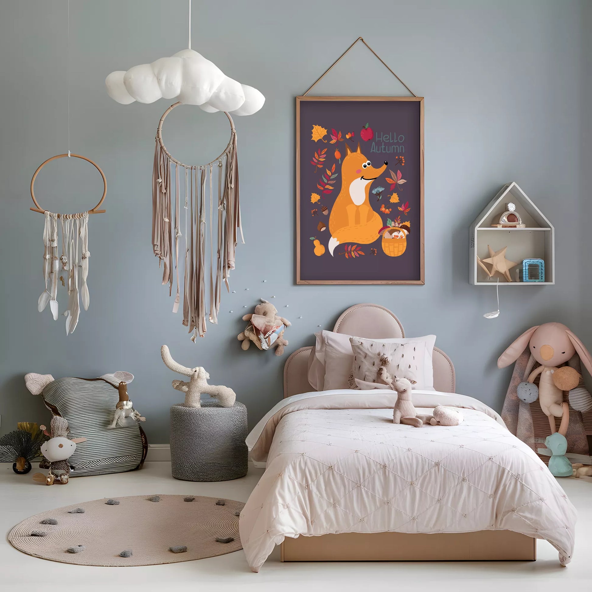 秋のきつねとバスケットのかわいいイラスト子供部屋用北欧アートポスター