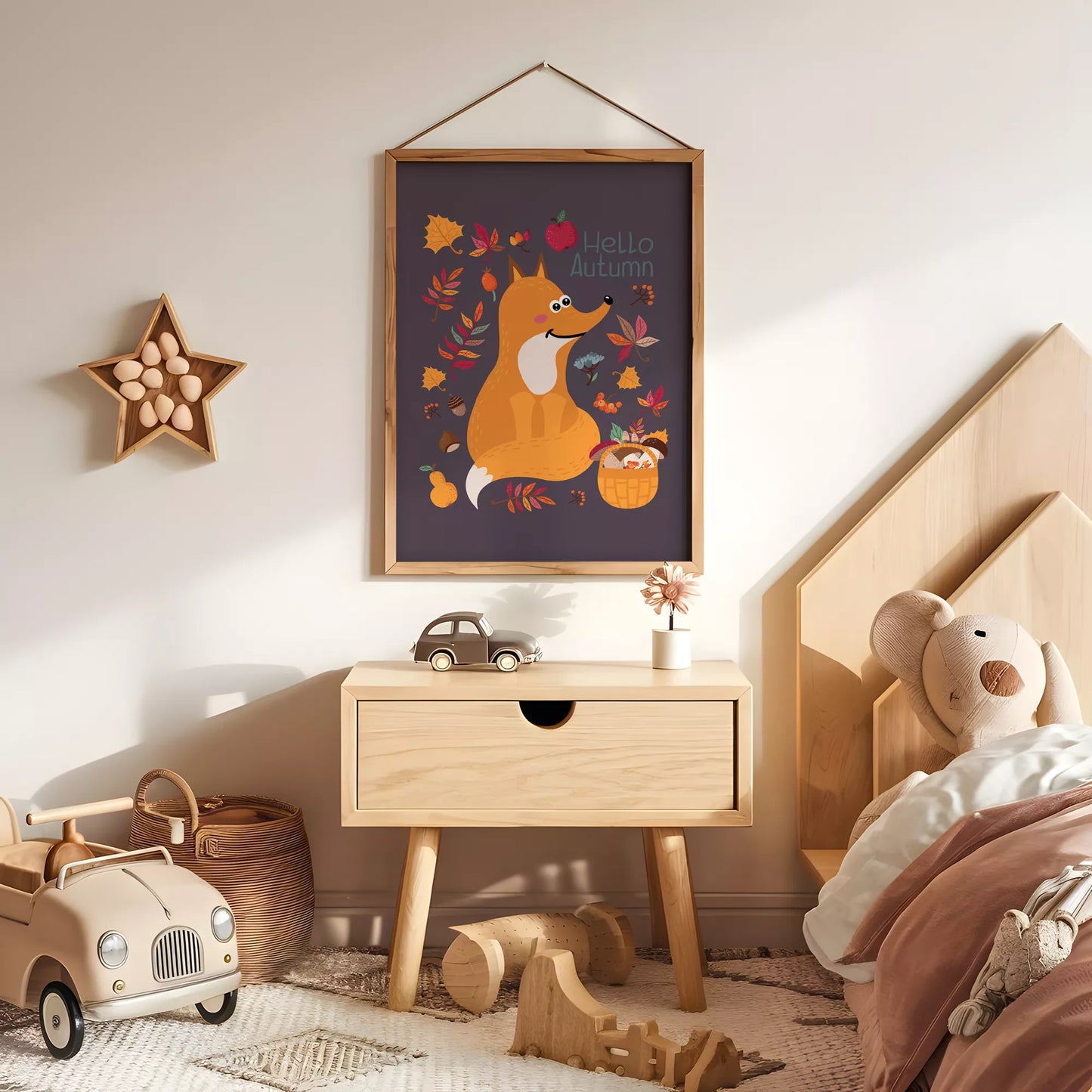 秋のきつねとバスケットのかわいいイラスト子供部屋用北欧アートポスター