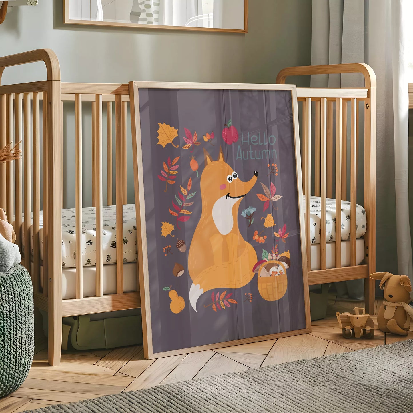 秋のきつねとバスケットのかわいいイラスト子供部屋用北欧アートポスター